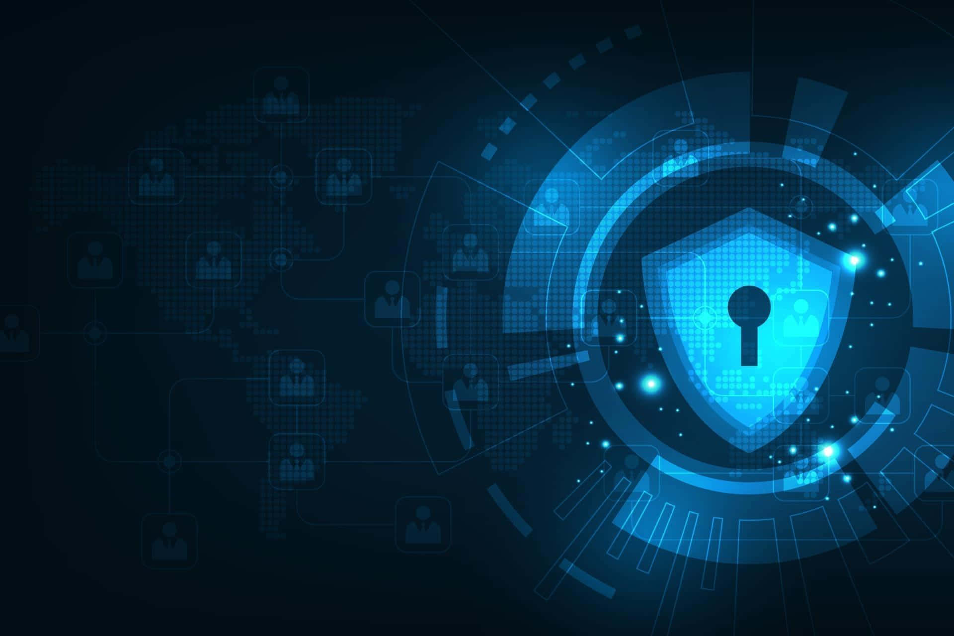 glowing blue digital shield, keyhole, global network of user icons, Full HD Desktop Wallpaper