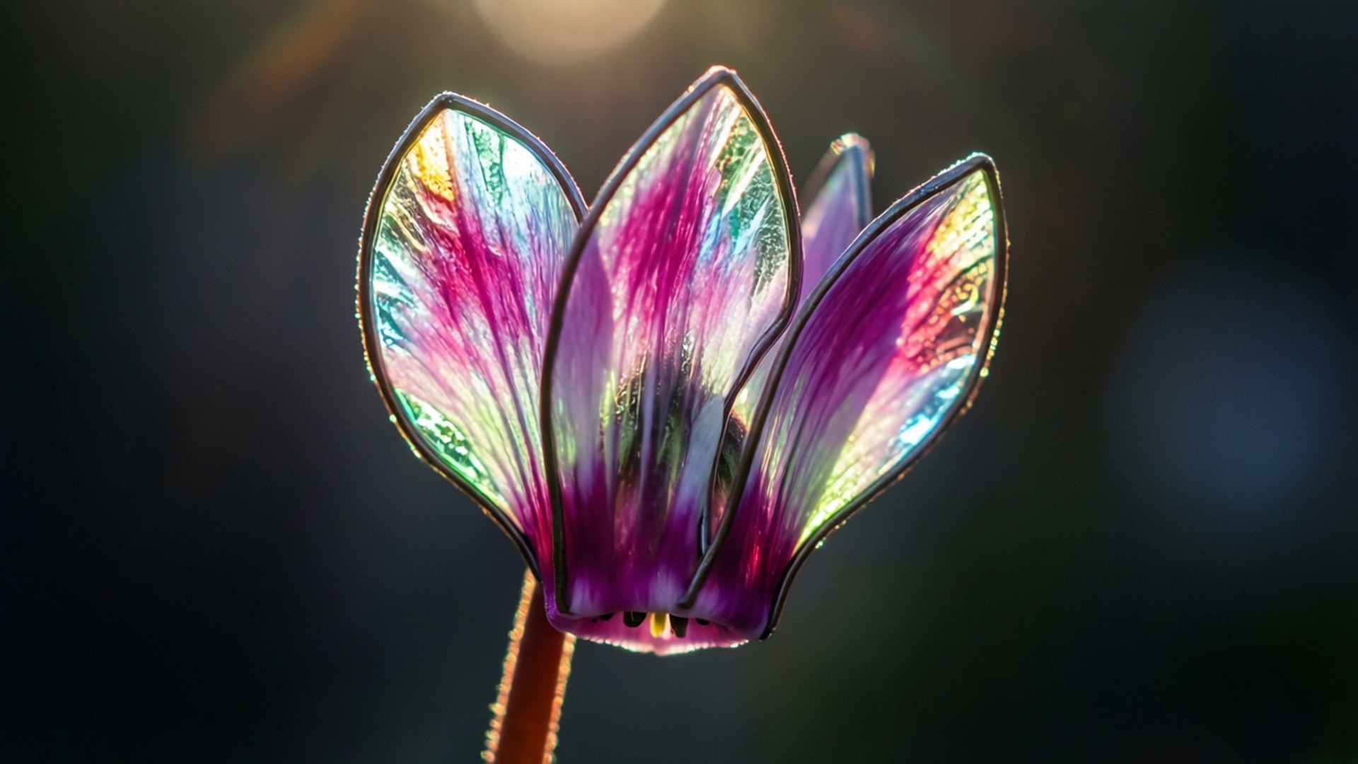 Cyclamen, translucent glass flower, iridescent purple green and gold hues, Full HD Desktop Wallpaper