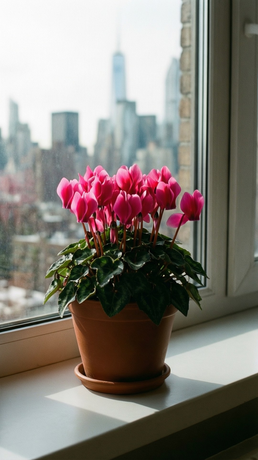 Cyclamen, vibrant pink flowers, dark green leaves, Full HD Phone Wallpaper