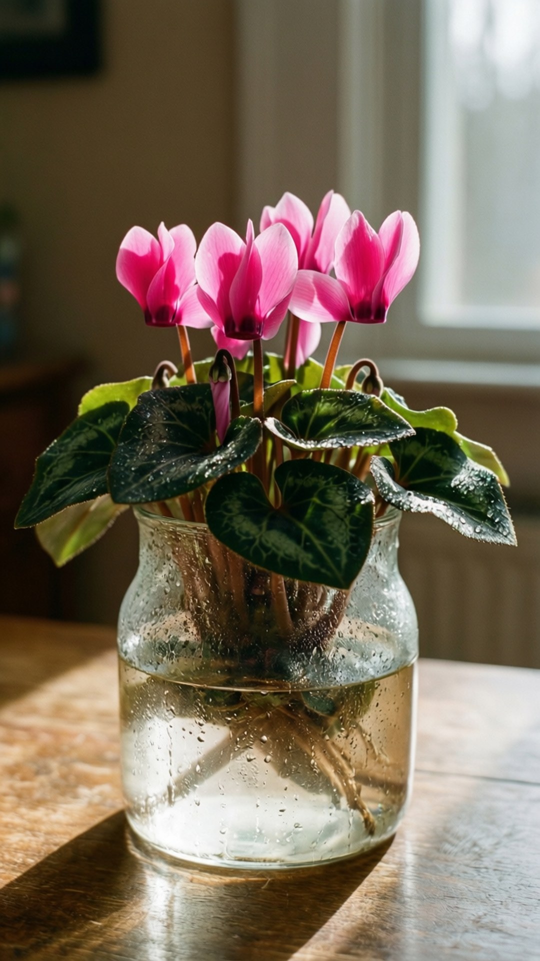 Cyclamen, vase, clear glass jar, Full HD Phone Wallpaper
