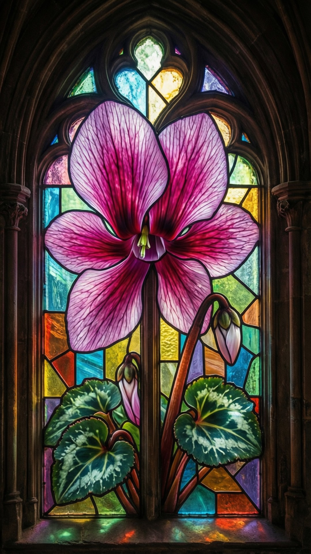 stained glass, purple violet flower, green leaves, Full HD Phone Wallpaper