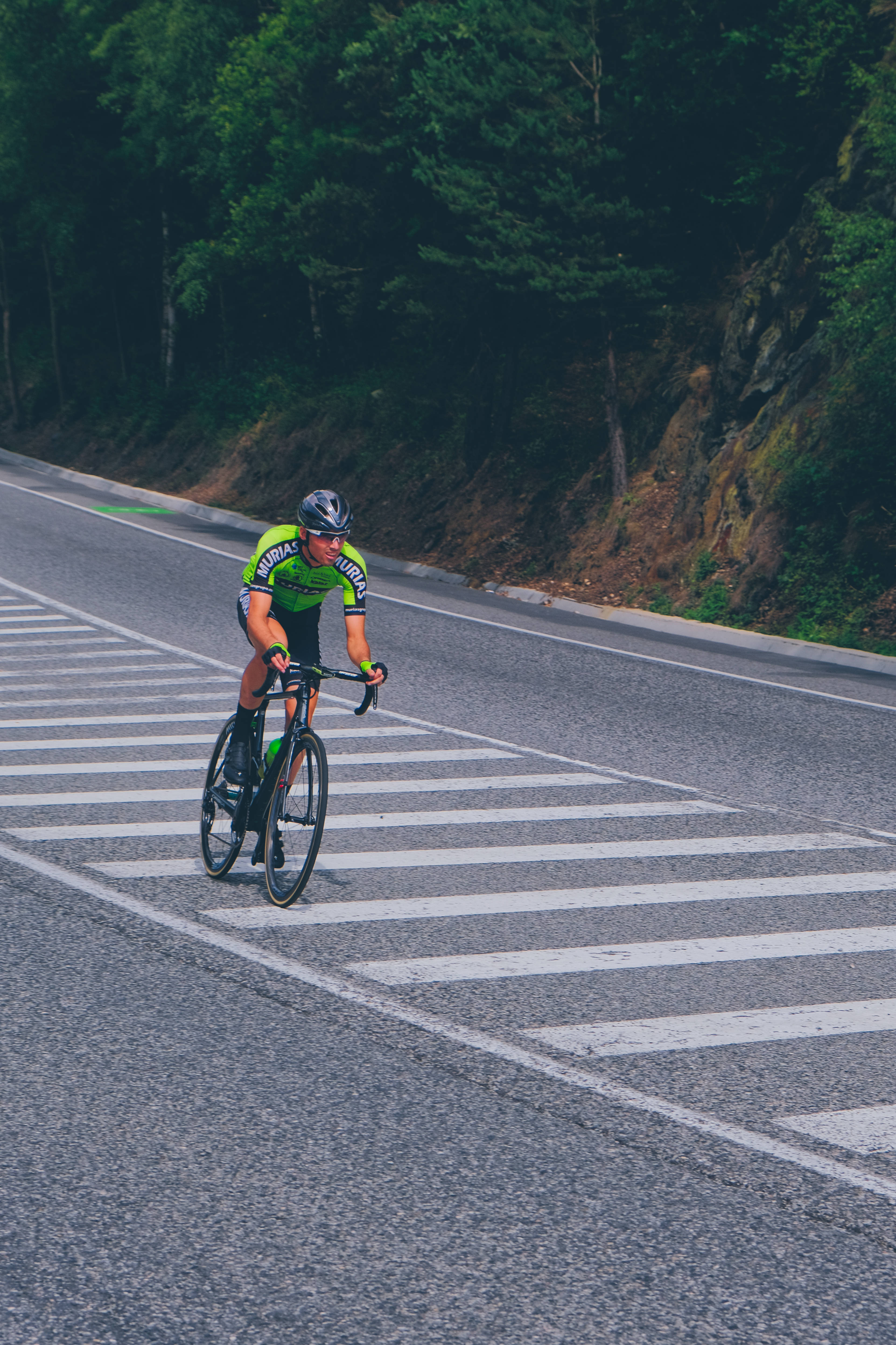 bright green jersey, zebra crossing, winding mountain road, 4K Phone Wallpaper