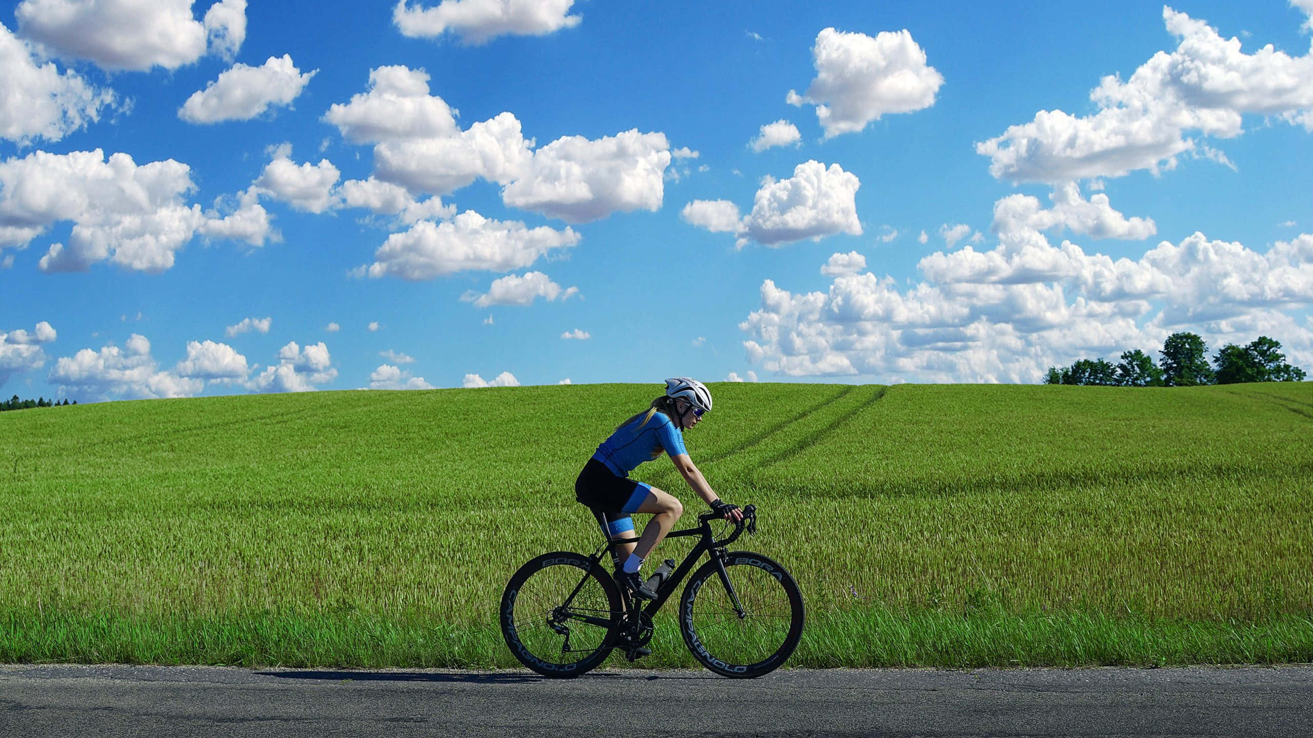 challenging cycling trail, uphill, vibrant green field, 2K Desktop Wallpaper