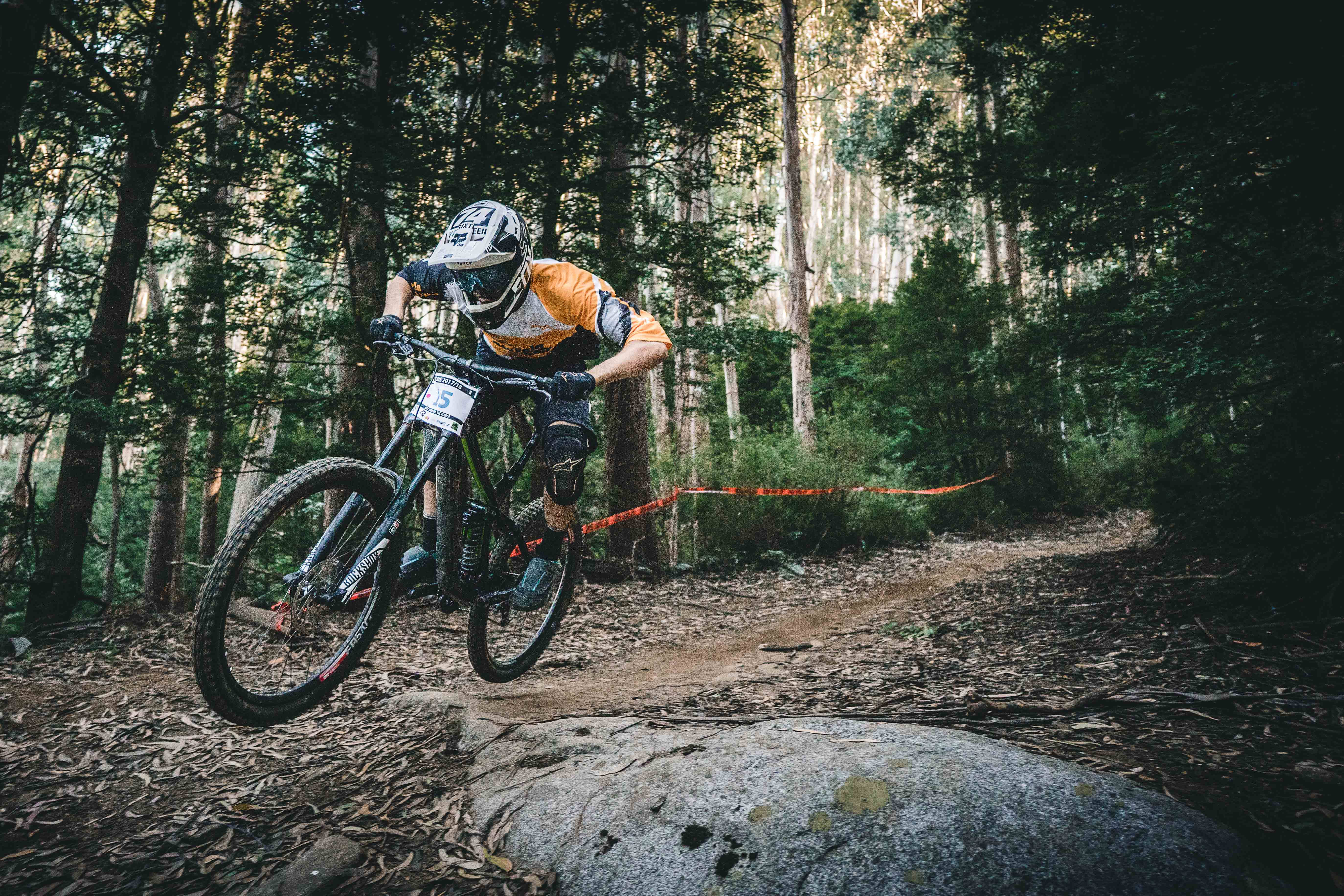 mountain biker, orange gear, rock, 5K Desktop Wallpaper