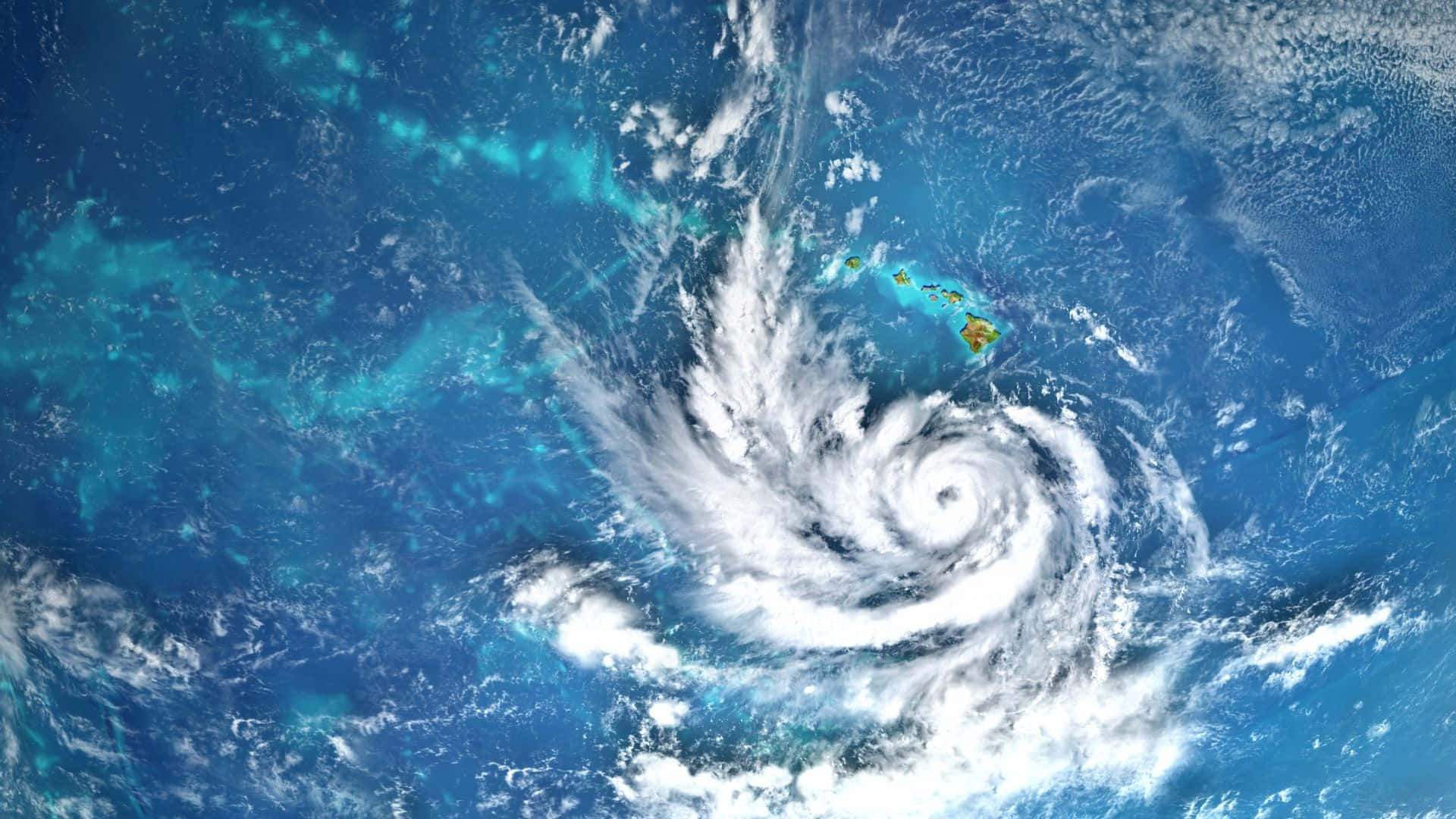 Cyclone, vibrant blue oceans, distant islands, Full HD Desktop Wallpaper