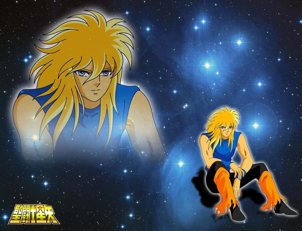 Cygnus Hyoga, golden-haired anime warrior, starry cosmic backdrop, SD Desktop Wallpaper
