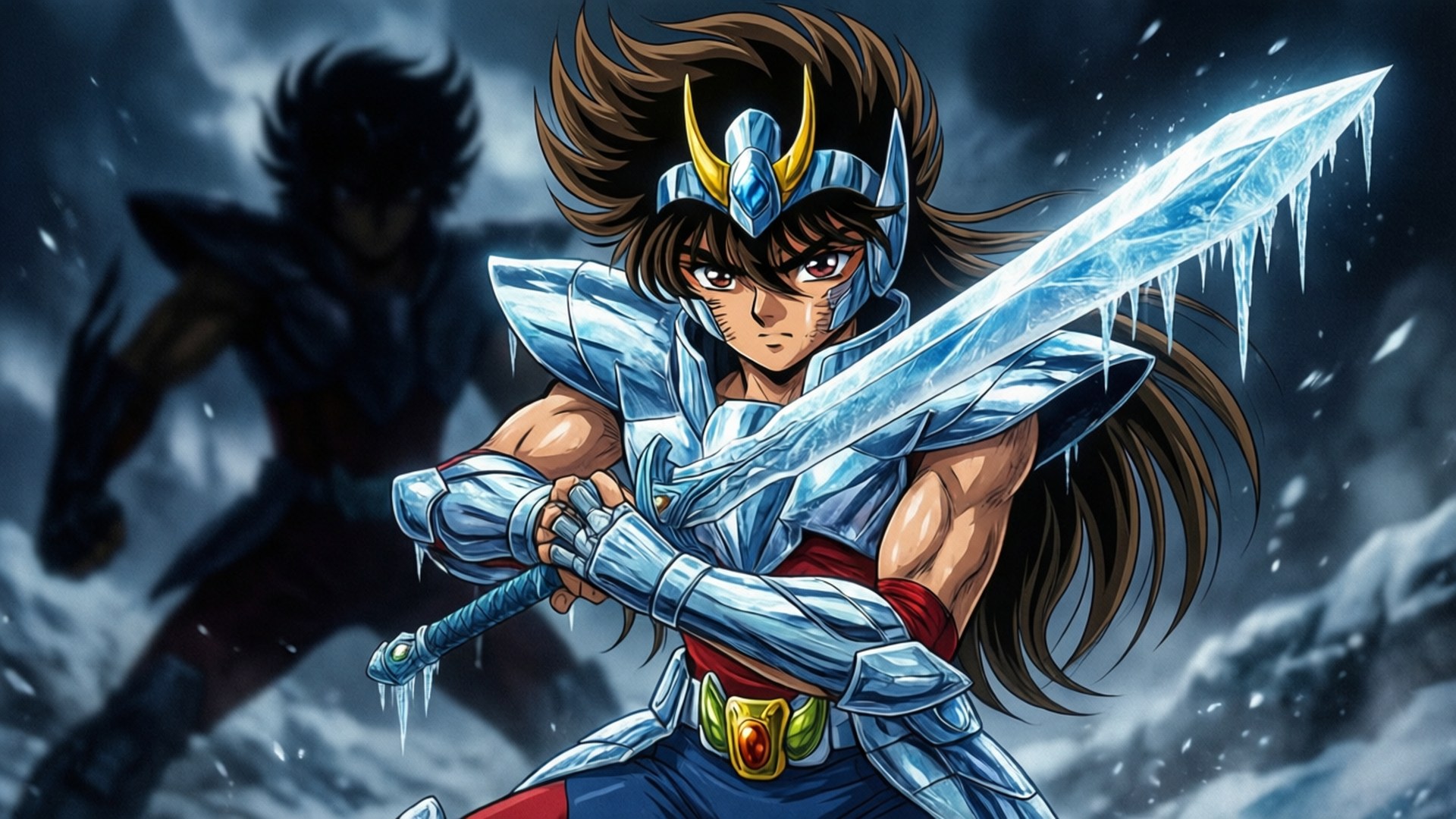 Cygnus Hyoga, ice sword duel, shadowy foe, Full HD Desktop Wallpaper