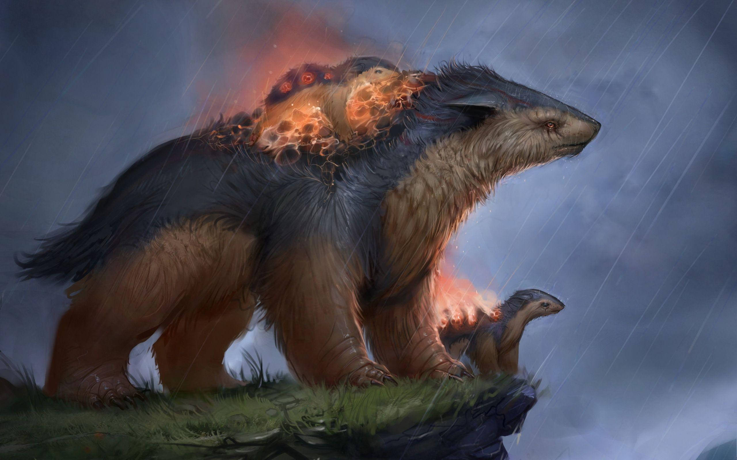 Cyndaquil, cliff, rain, 2K Desktop Wallpaper