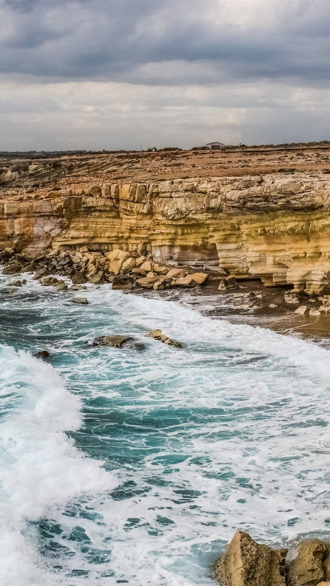 Cyprus, cliff coast, turquoise waves, Full HD Phone Wallpaper