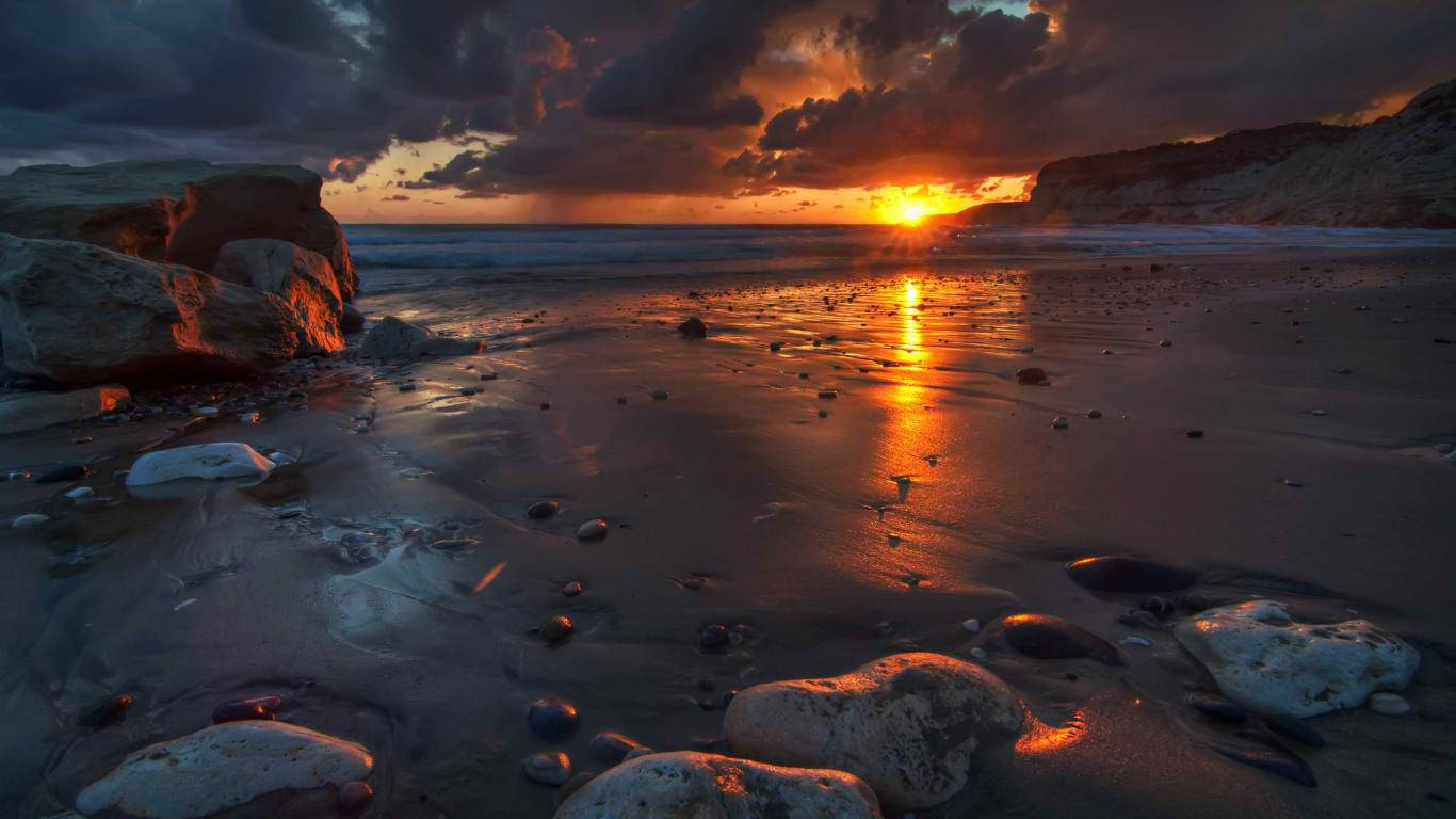 Cyprus, Ocean Rock Stones, sunset, HD Desktop Wallpaper