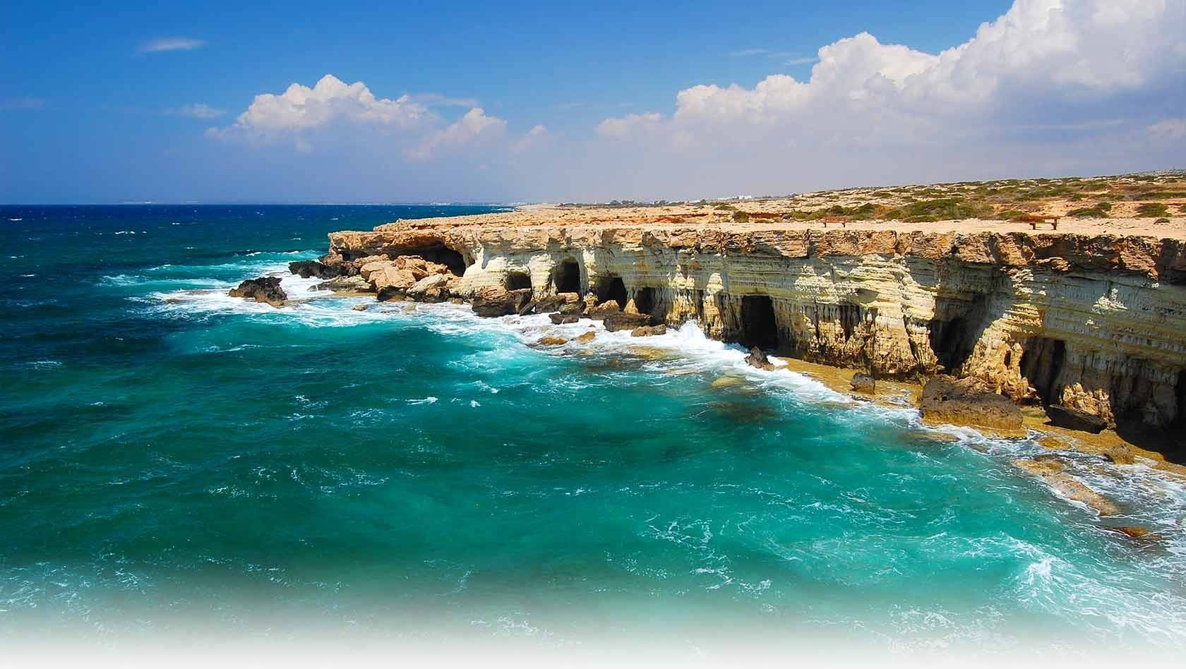 Cyprus, Turquoise waves, rugged cliffs, HD Desktop Wallpaper