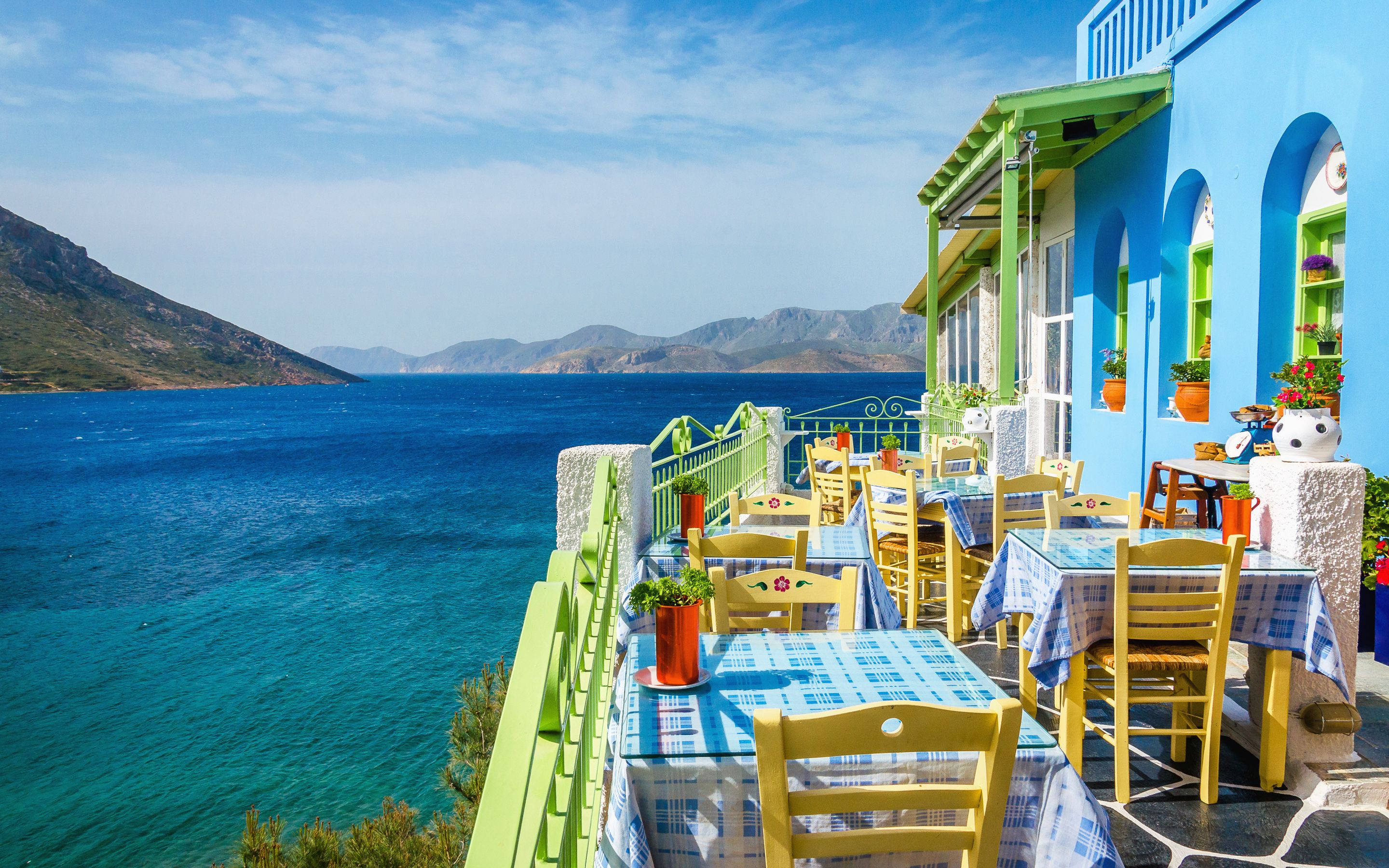 Cyprus, seaside restaurant, turquoise ocean, 2K Desktop Wallpaper