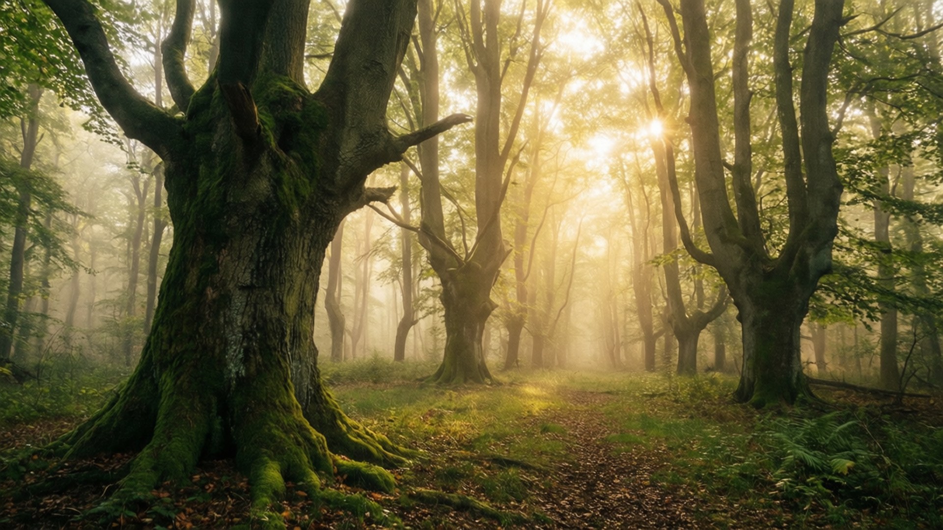 Czech forest, sunlight, misty trees, Full HD Desktop Wallpaper