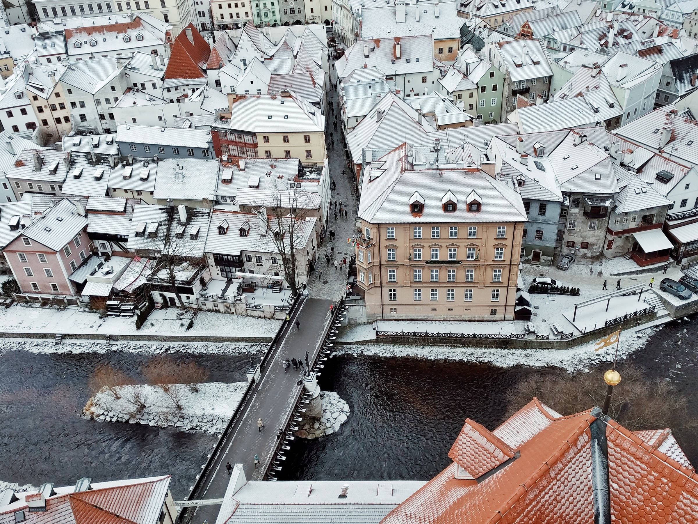 Czech Republic, aerial view, snow-covered historic European town, Full HD Desktop Wallpaper