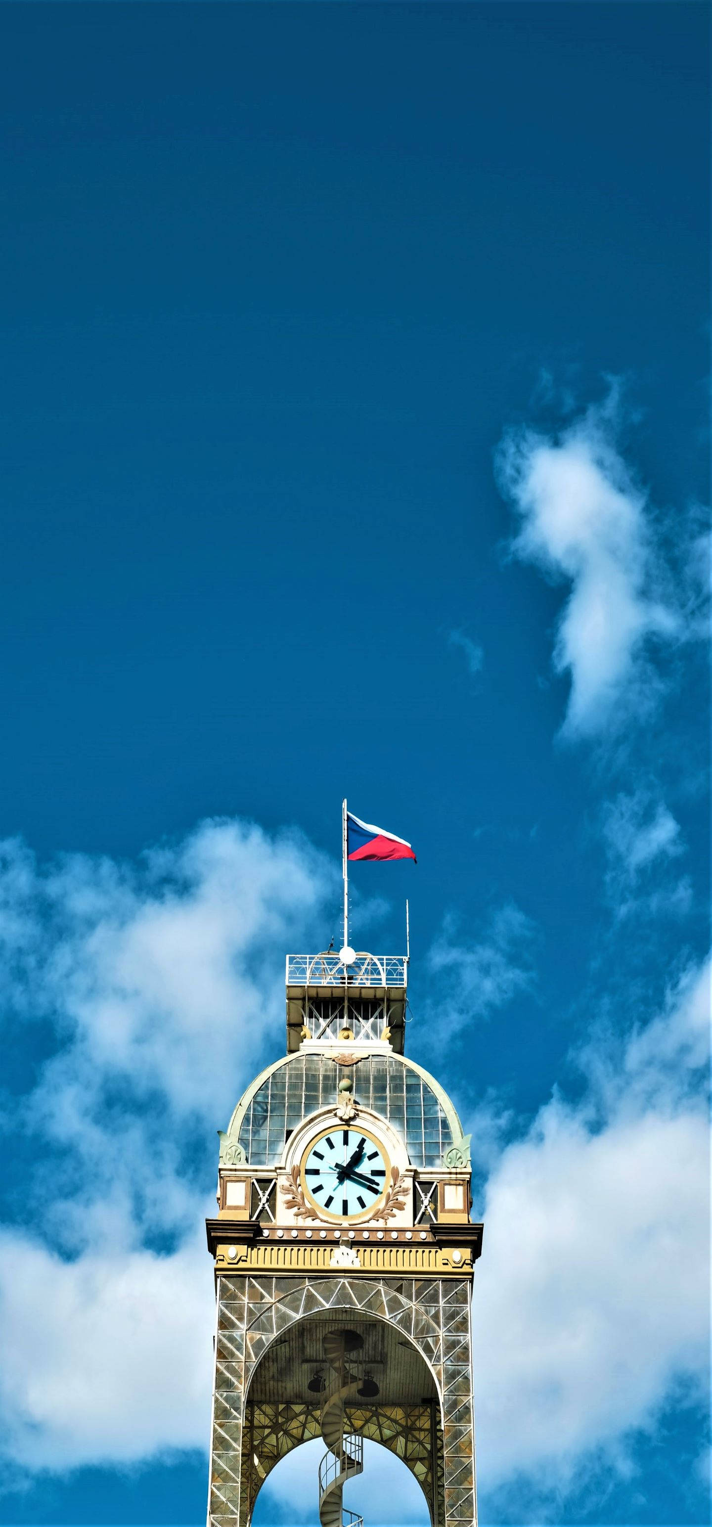 small clock tower, Czech Republic, red white and blue flag, 2K Phone Wallpaper