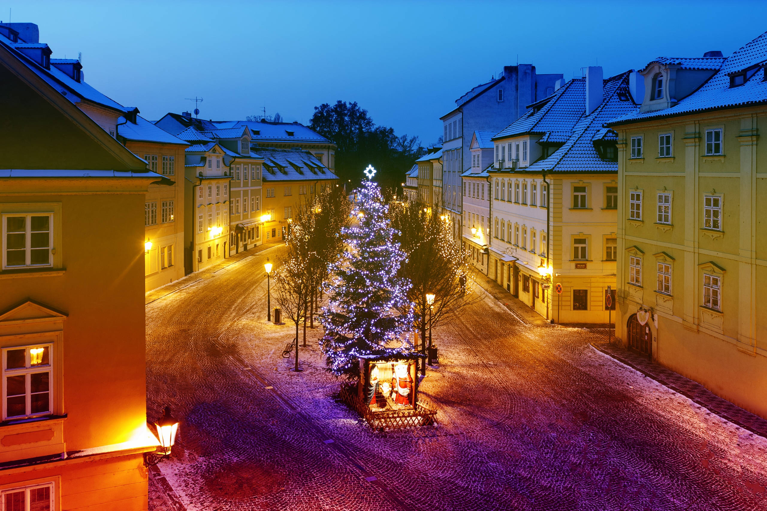 Czech republic, snow-dusted European street, dusk, 2K Desktop Wallpaper