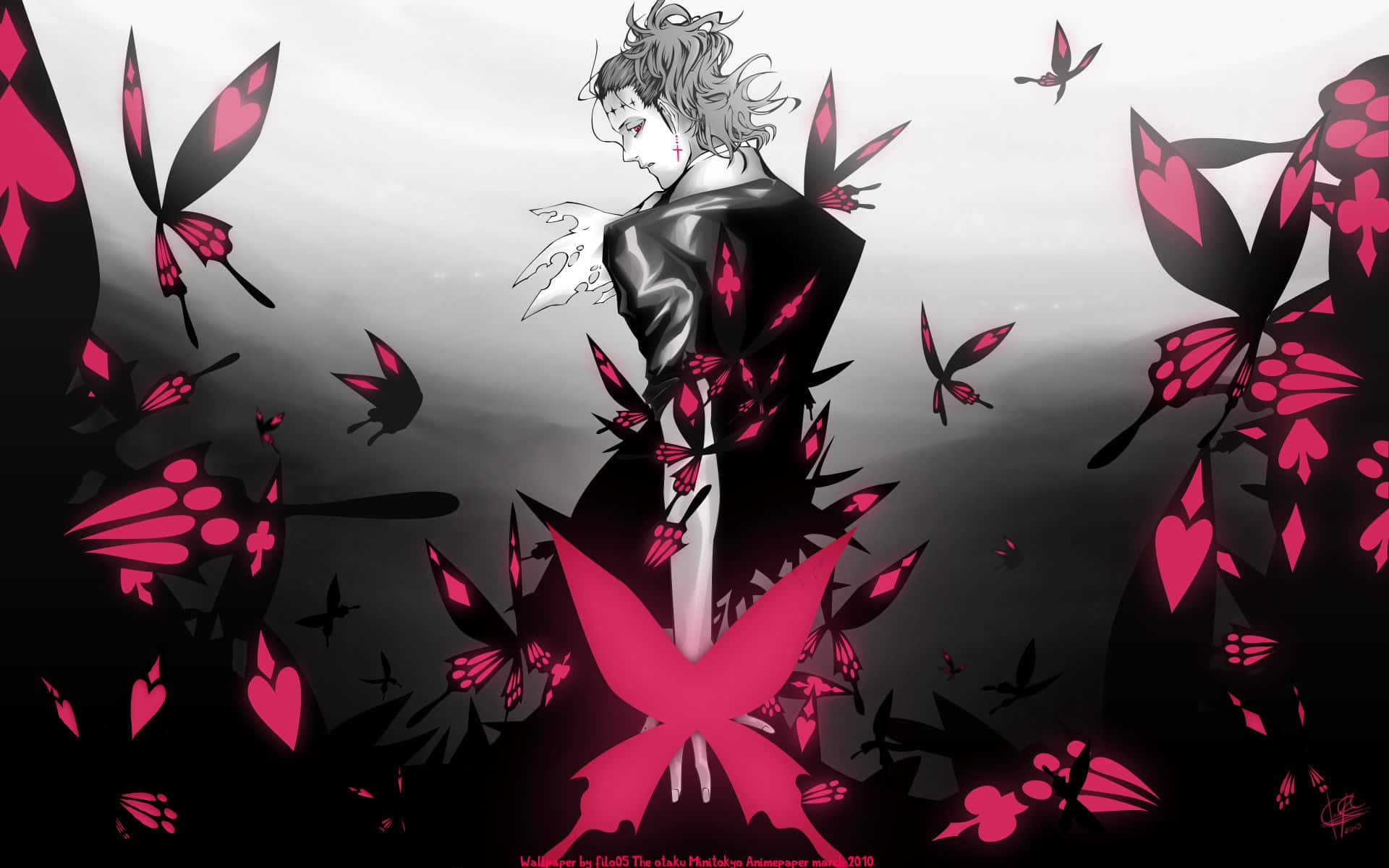 D Gray Man, red glowing butterflies, stylized anime figure, Full HD Desktop Wallpaper