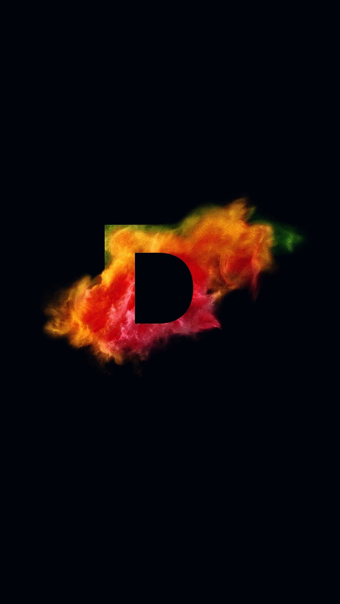 black letter D, fiery orange red, green powder, Full HD Phone Wallpaper