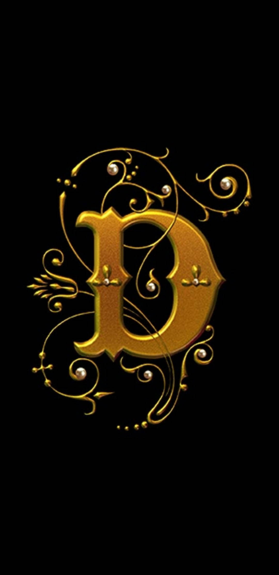 golden ornate letter D, swirling filigree, pearl accents, Full HD Phone Wallpaper