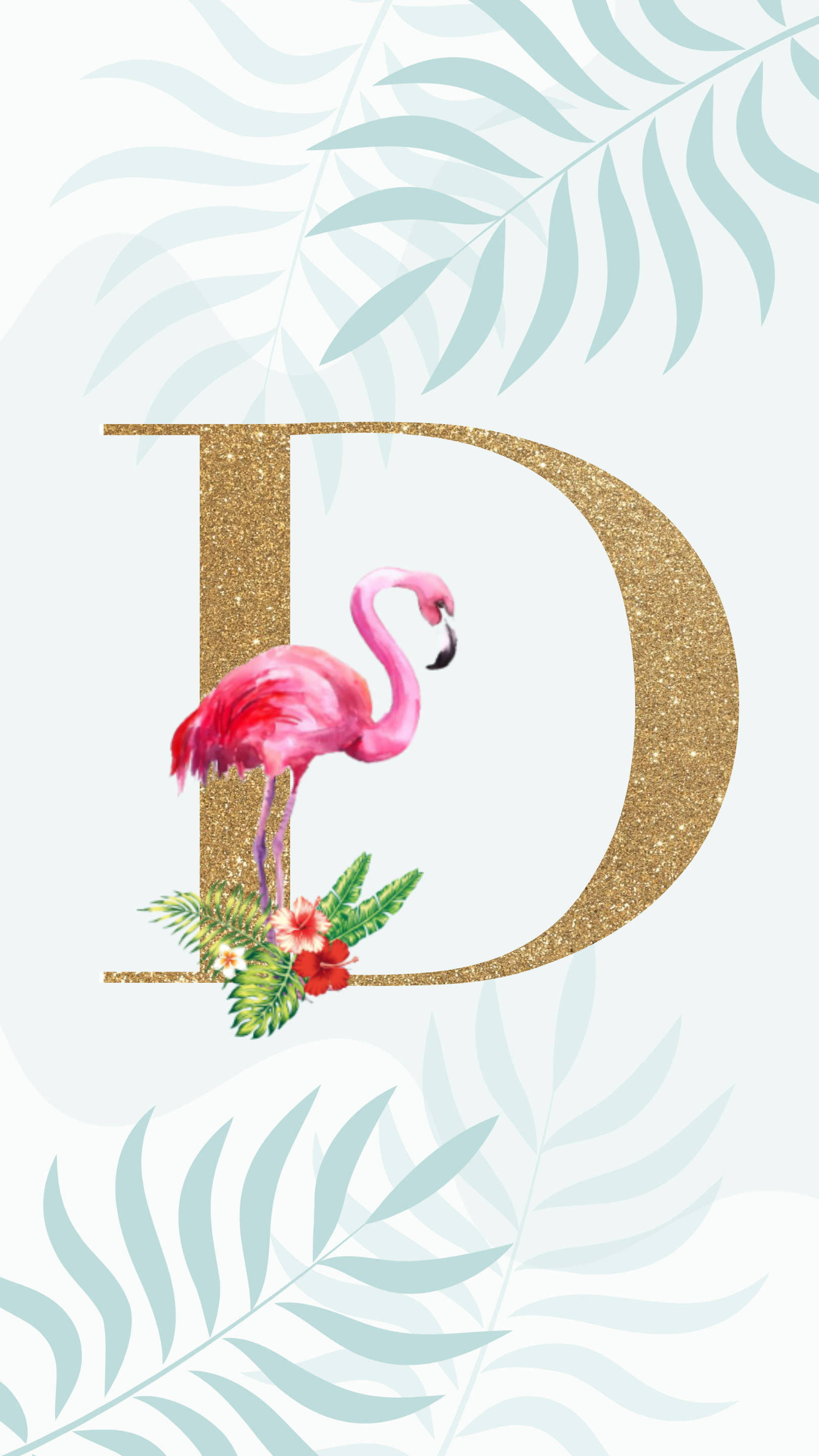 glittery gold letter D, pink flamingo, tropical leaves, 2K Phone Wallpaper