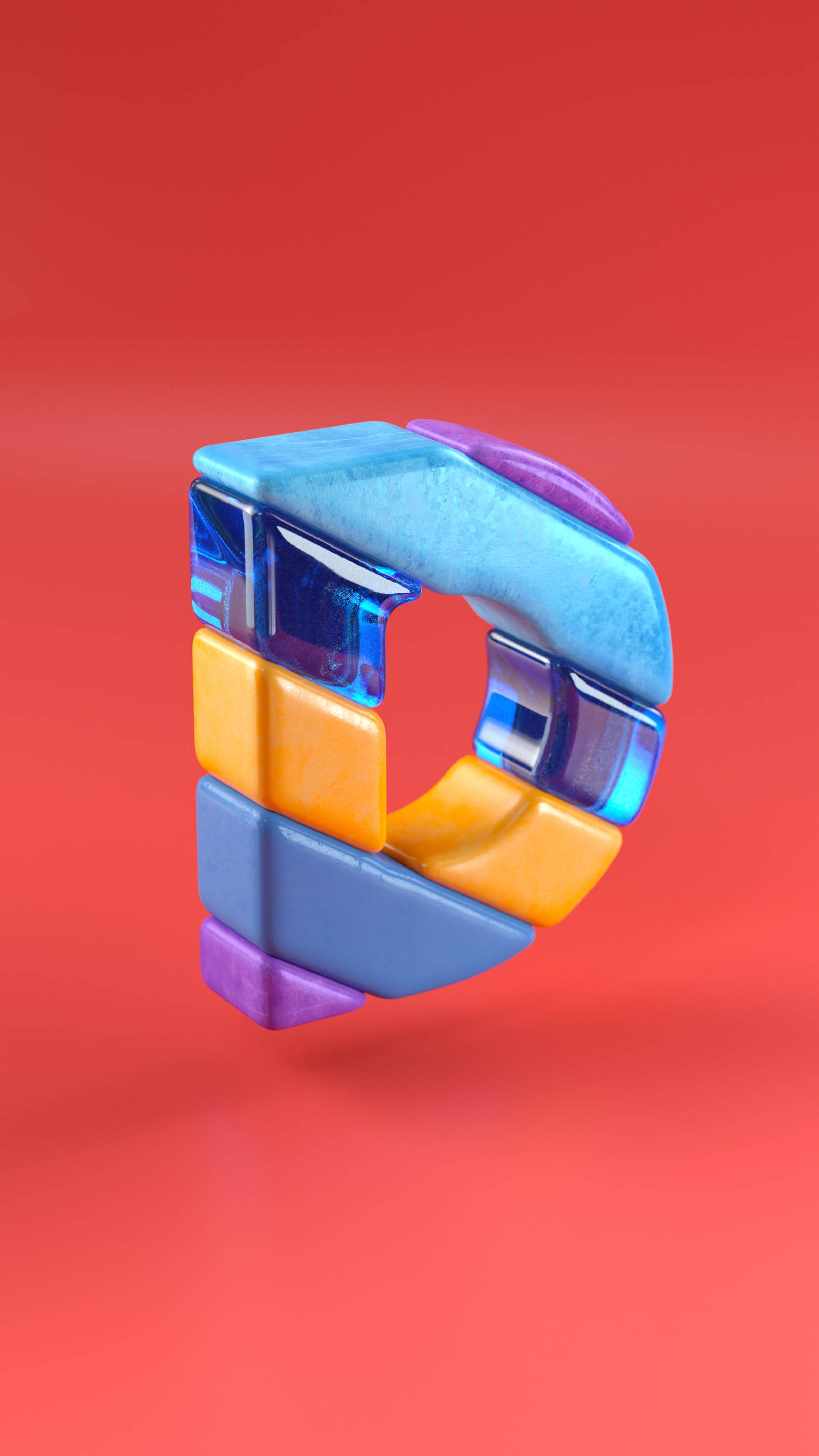 floating 3D letter D, colorful translucent geometric blocks, solid red background, 2K Phone Wallpaper