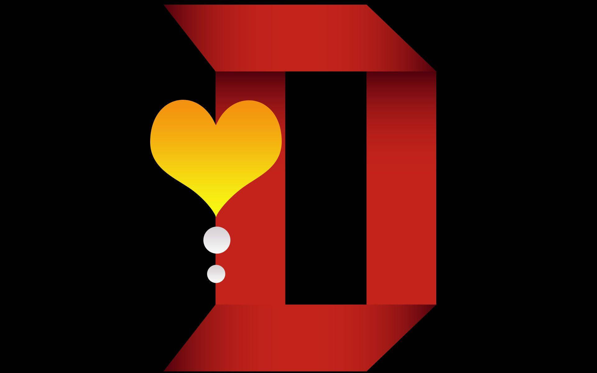 red 3D letter D, glowing yellow heart, black background, Full HD Desktop Wallpaper