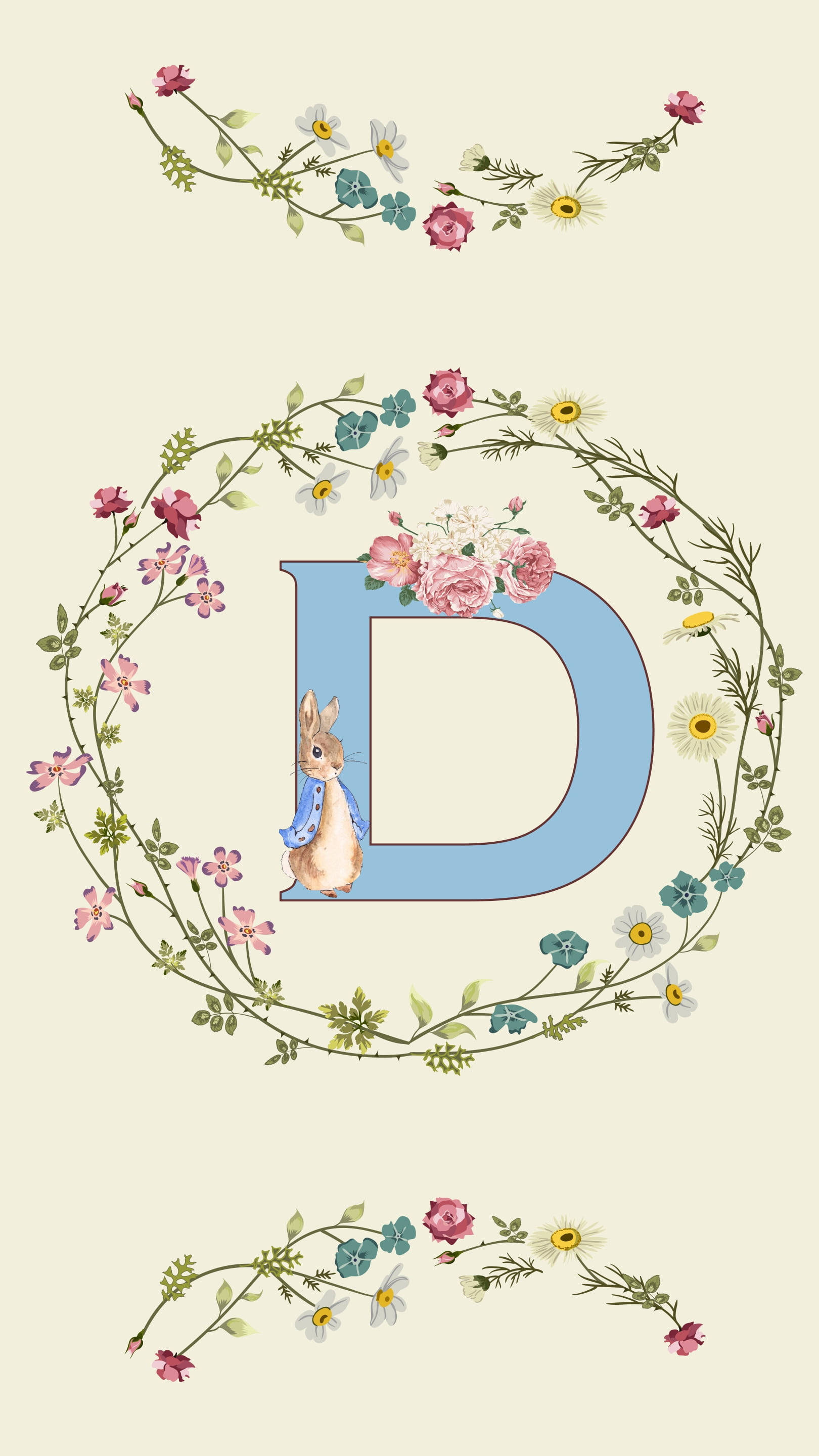 Letter D, pastel aesthetic, floral wreath, 2K Phone Wallpaper