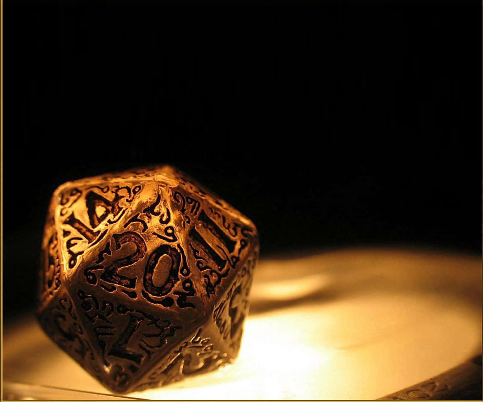 D20, golden 20-sided die, glowing surface, HD Desktop Wallpaper
