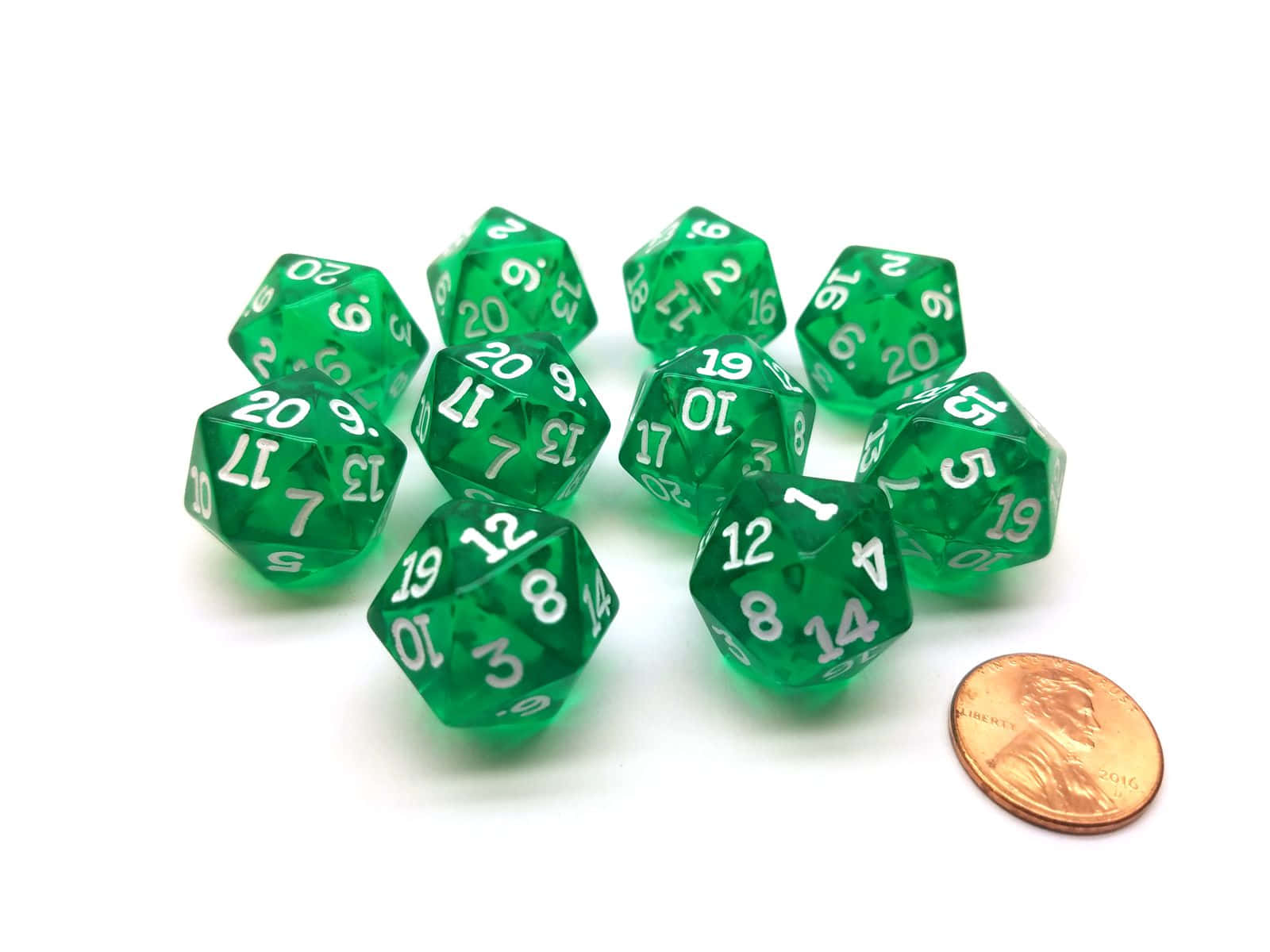D20, translucent green polyhedral dice, white numbers, HD Desktop Wallpaper