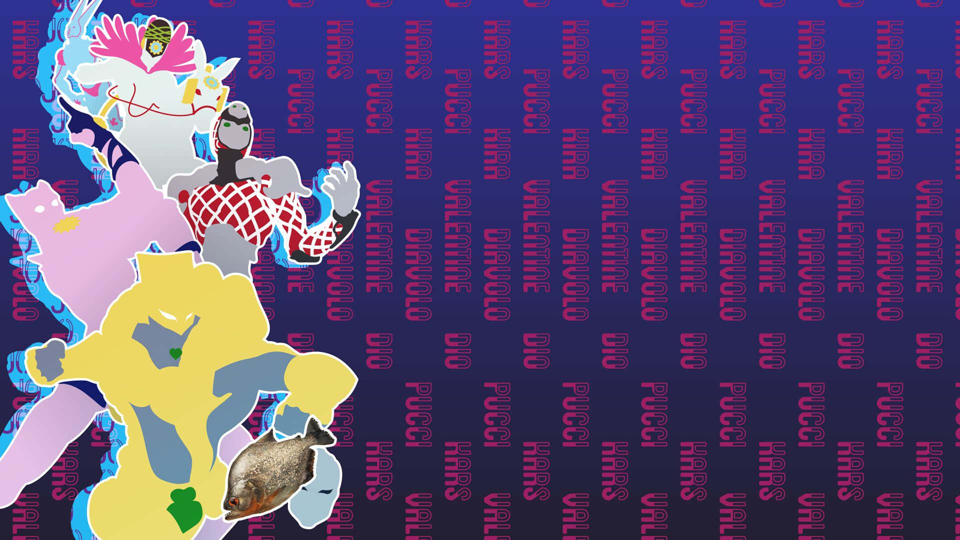 D4c, vibrant cartoon characters, repeating purple text background, Full HD Desktop Wallpaper