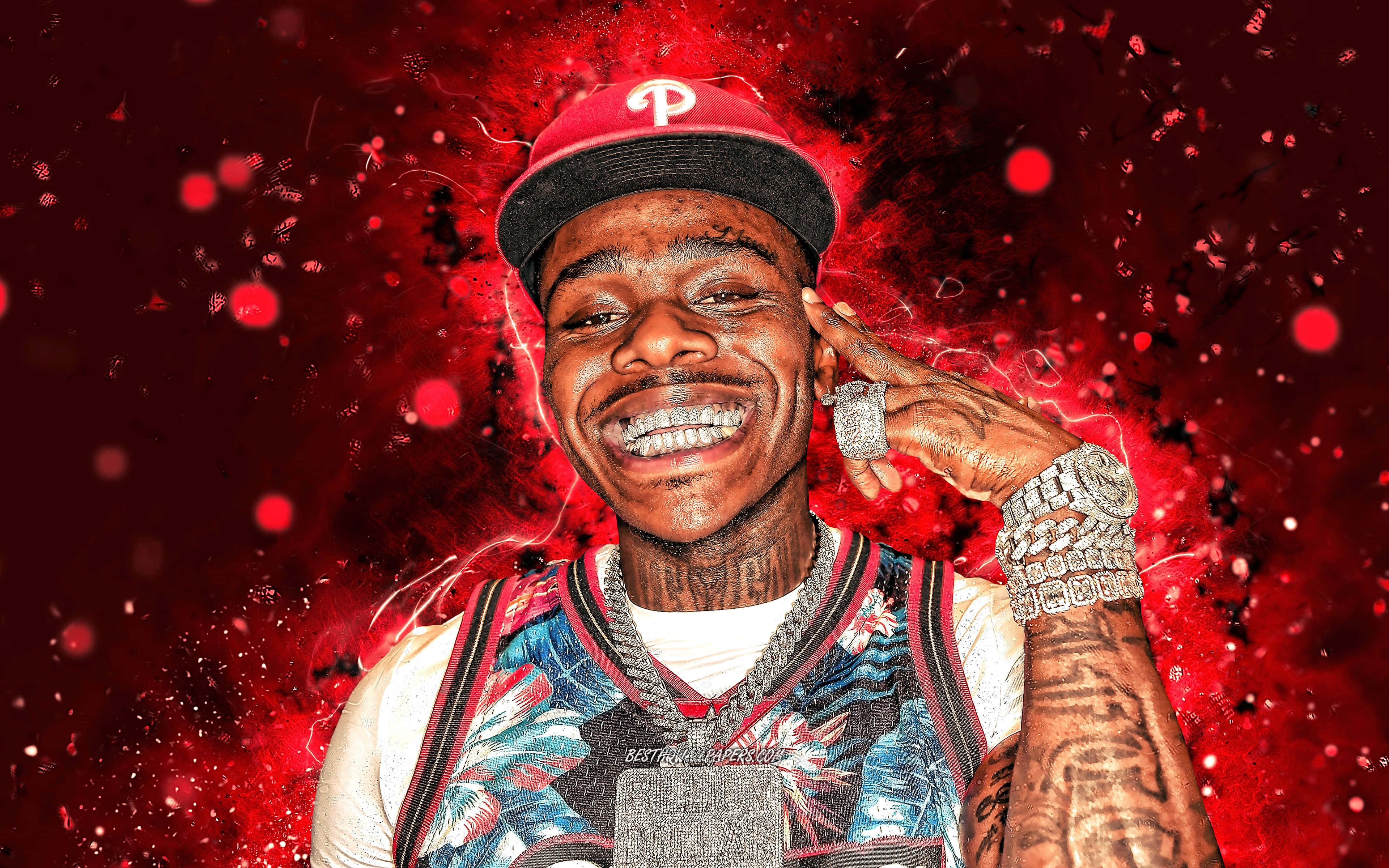 Dababy, red cap, jeweled chains, 4K Desktop Wallpaper