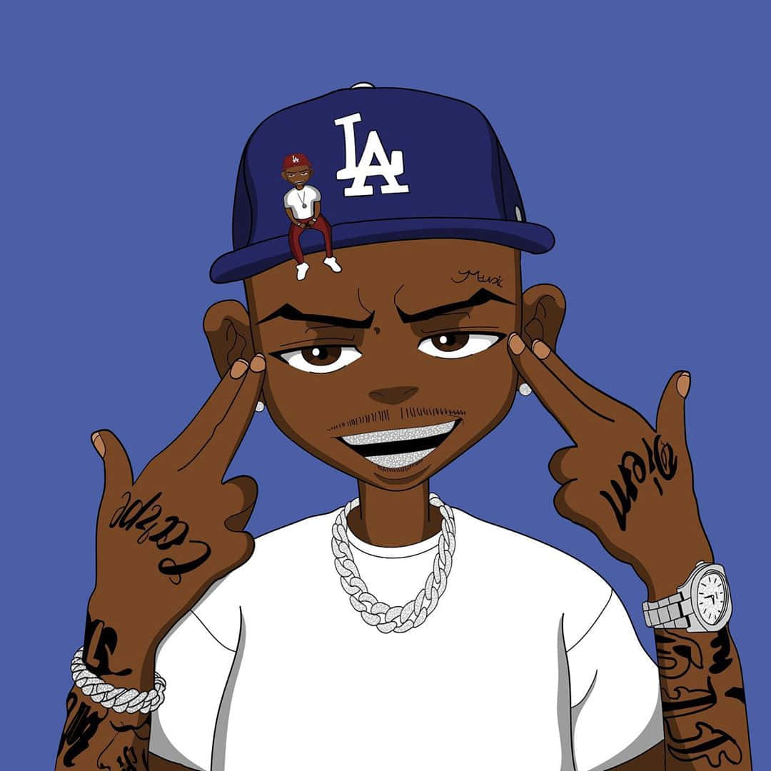 DaBaby Cartoon, tattoos, LA cap, SD Desktop Wallpaper