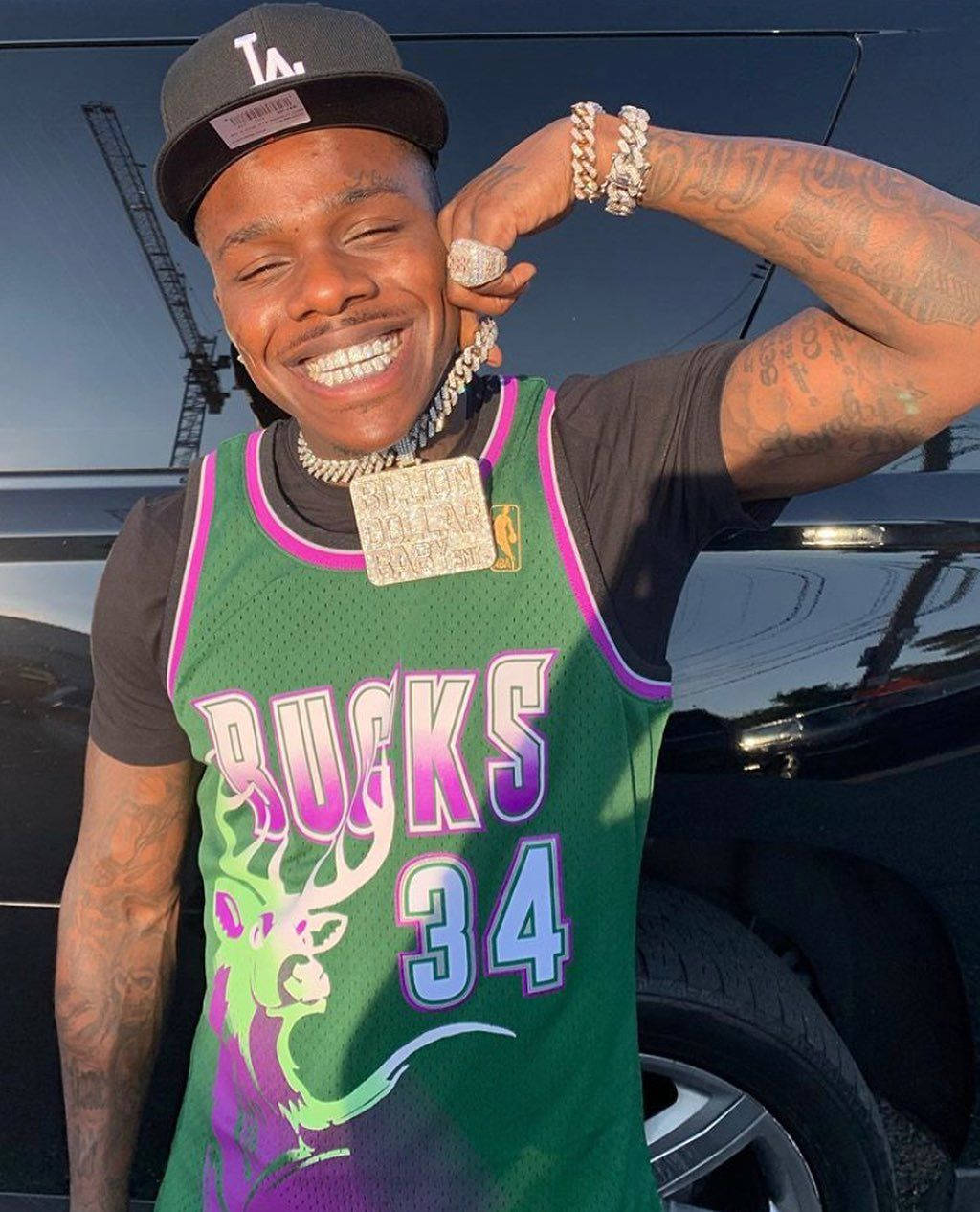 Dababy Phone, green Bucks jersey, LA cap, SD Phone Wallpaper