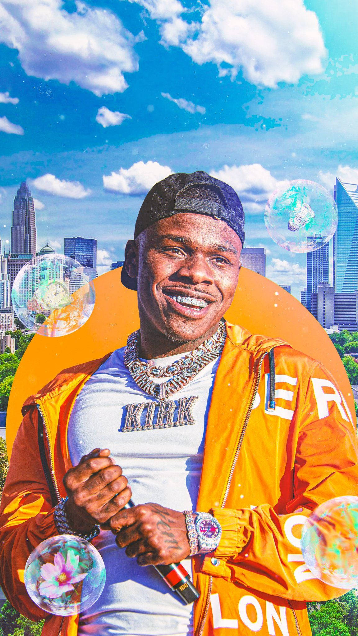 Dababy Phone, orange jacket, city skyline, Full HD Phone Wallpaper