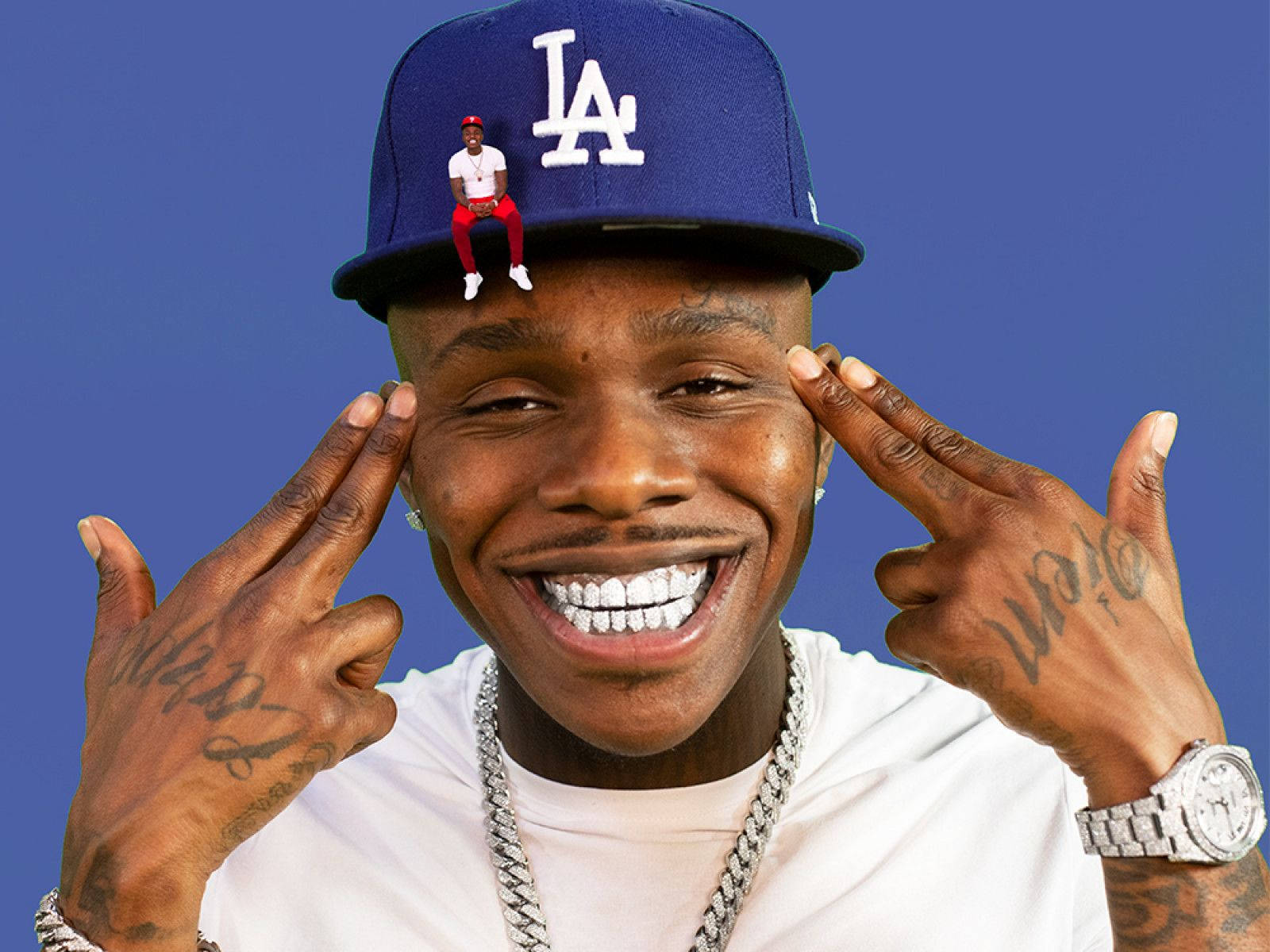 Dababy Phone, blue LA cap, tiny figure, HD Desktop Wallpaper