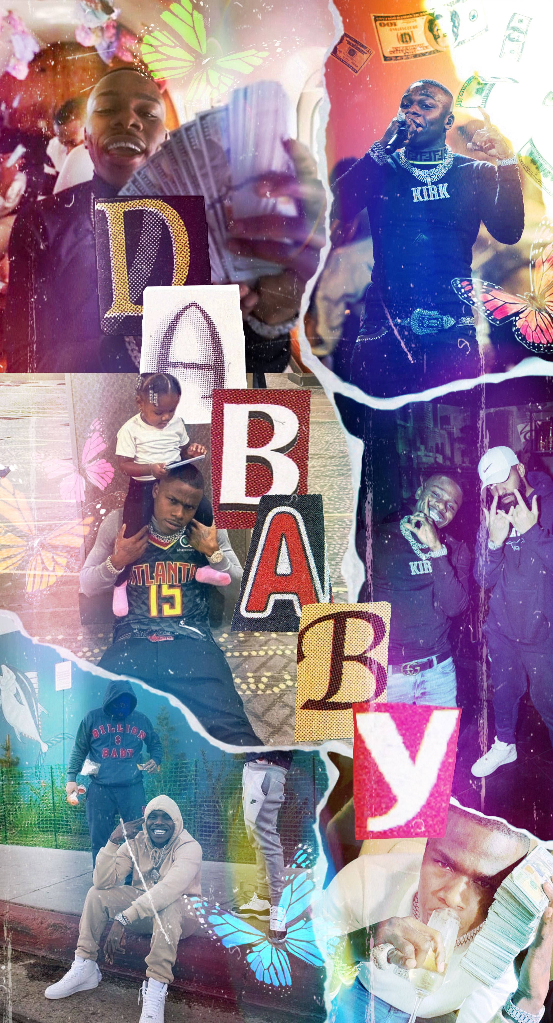 Dababy Phone, money butterflies, bold lettering, 4K Phone Wallpaper
