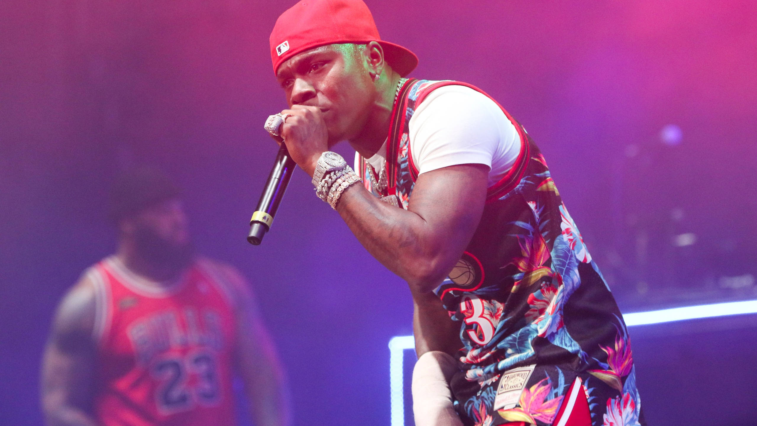 Dababy, red cap, floral vest, 2K Desktop Wallpaper