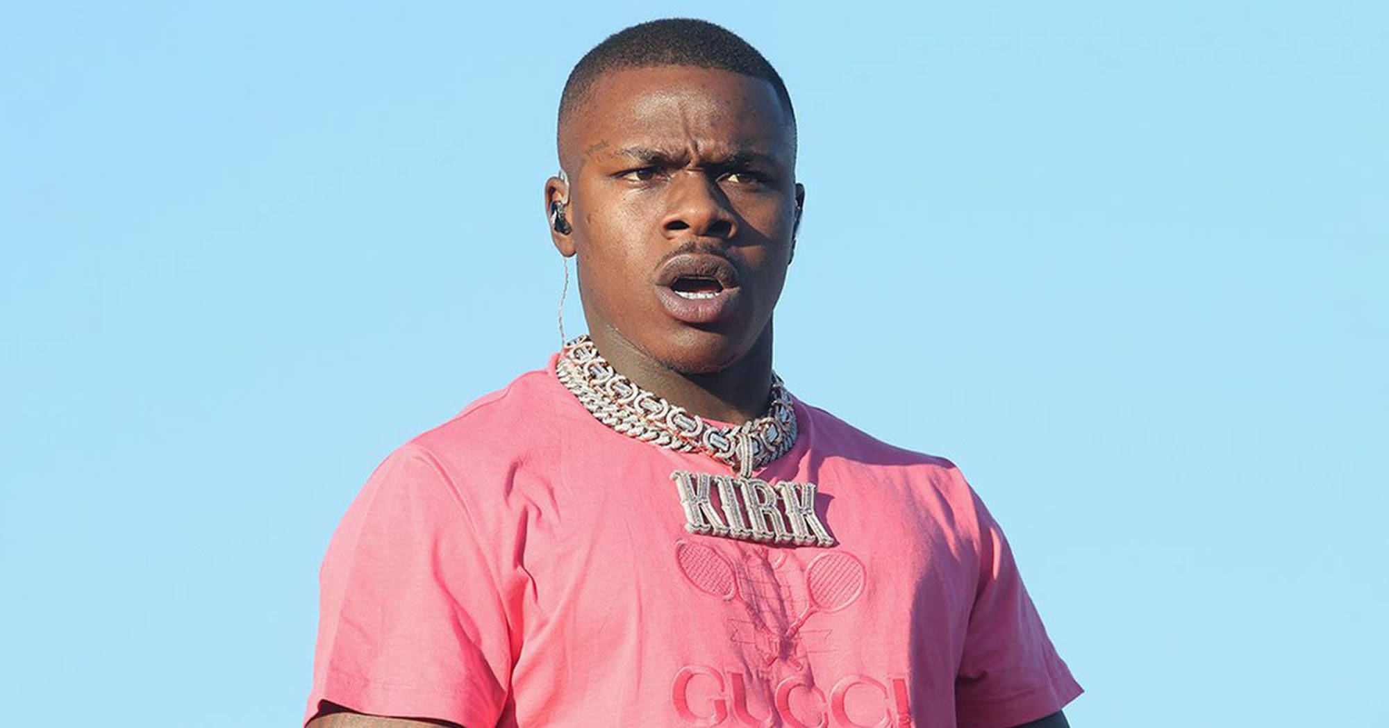 Dababy, pink Gucci t-shirt, thick chain necklace, Full HD Desktop Wallpaper