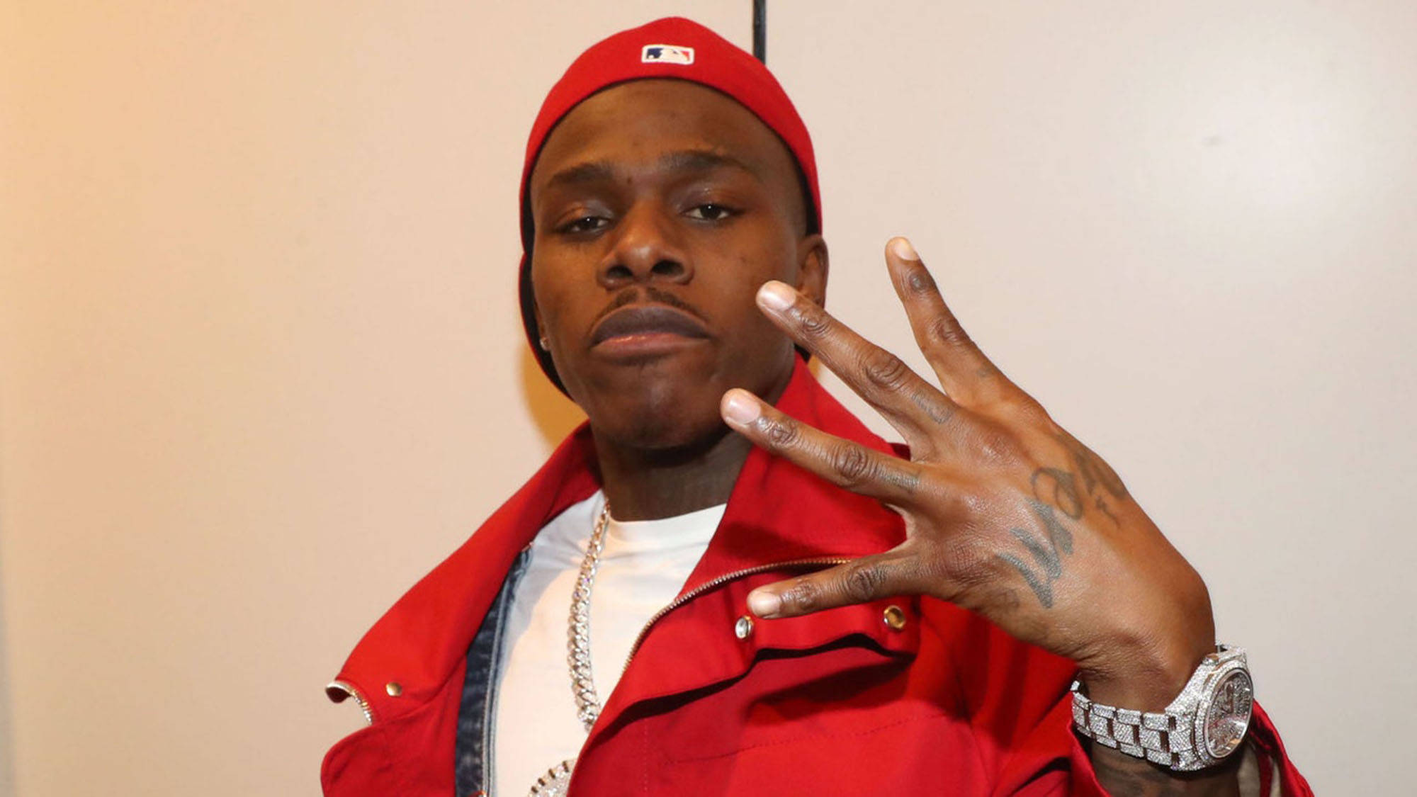 DaBaby, four finger hand-sign, red cap, Full HD Desktop Wallpaper