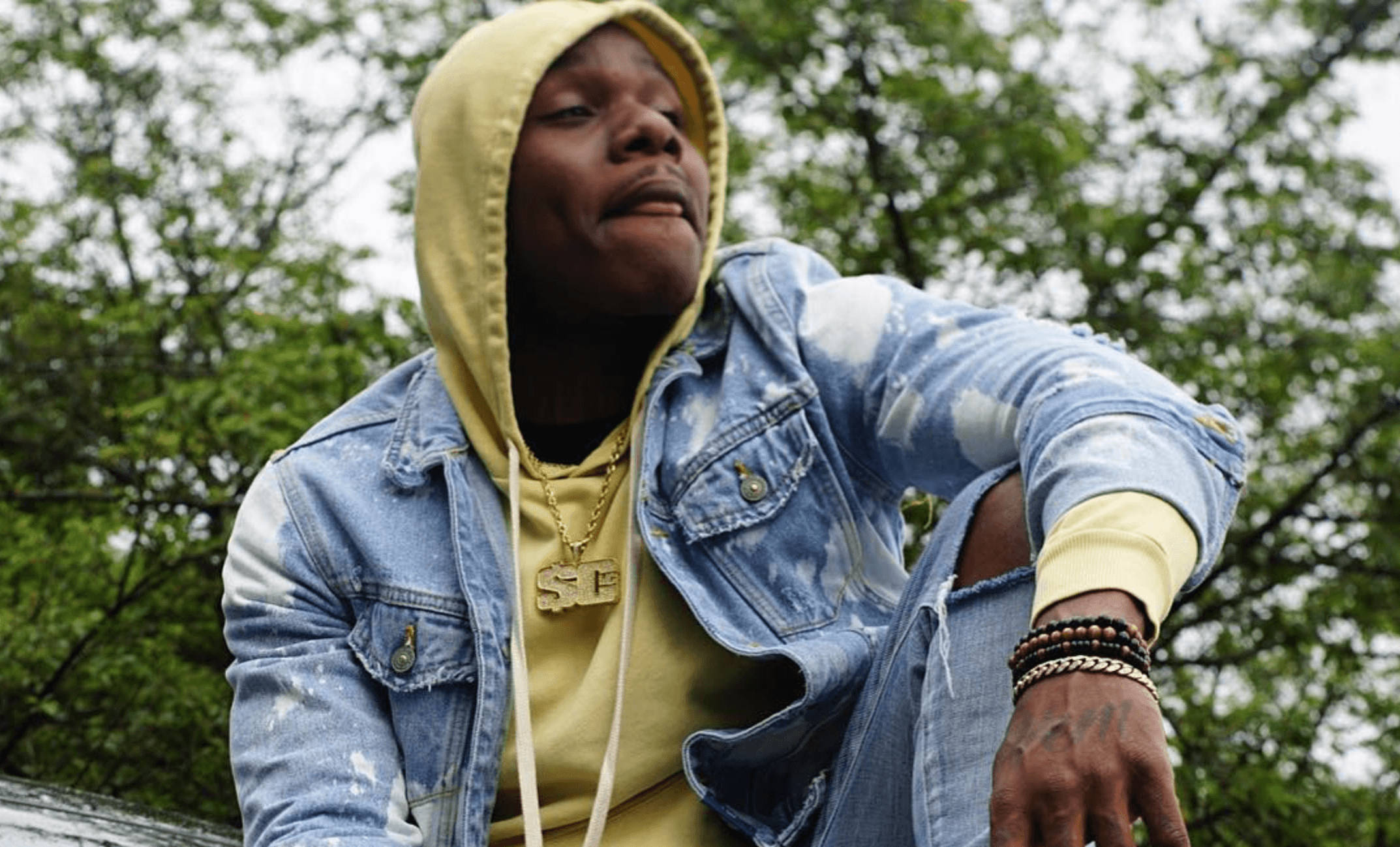 Dababy, yellow hoodie, distressed denim jacket, Full HD Desktop Wallpaper