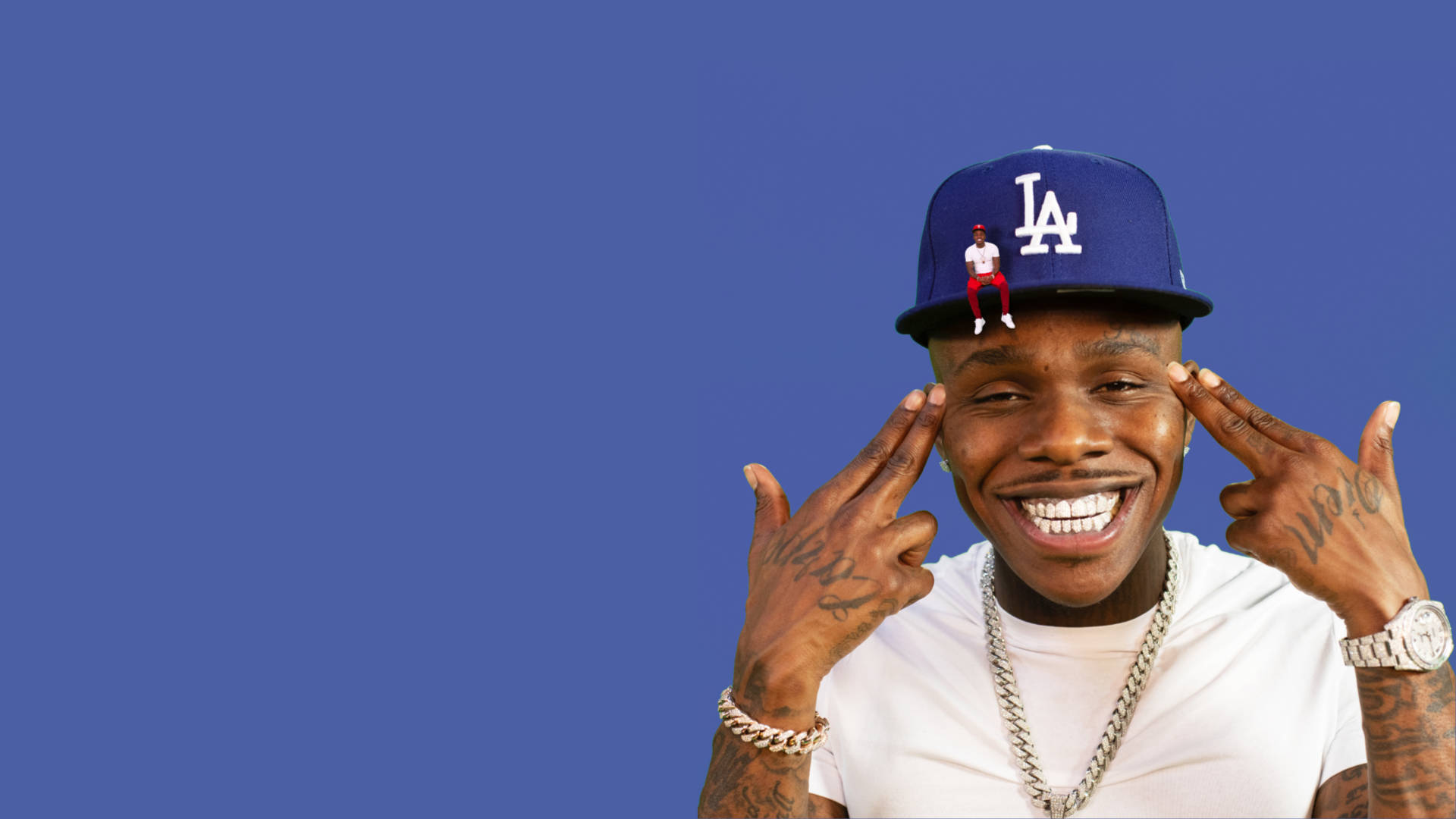 Dababy, blue LA cap, tiny figurine, Full HD Desktop Wallpaper