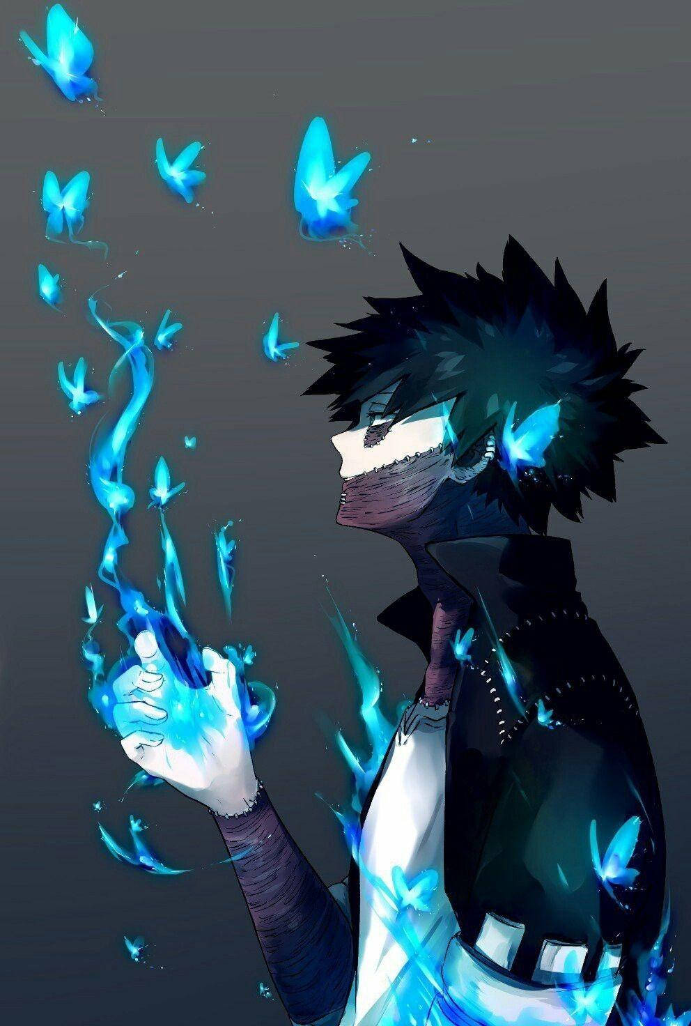 Dabi Aesthetic, spiky-haired anime character, glowing blue butterflies, HD Phone Wallpaper