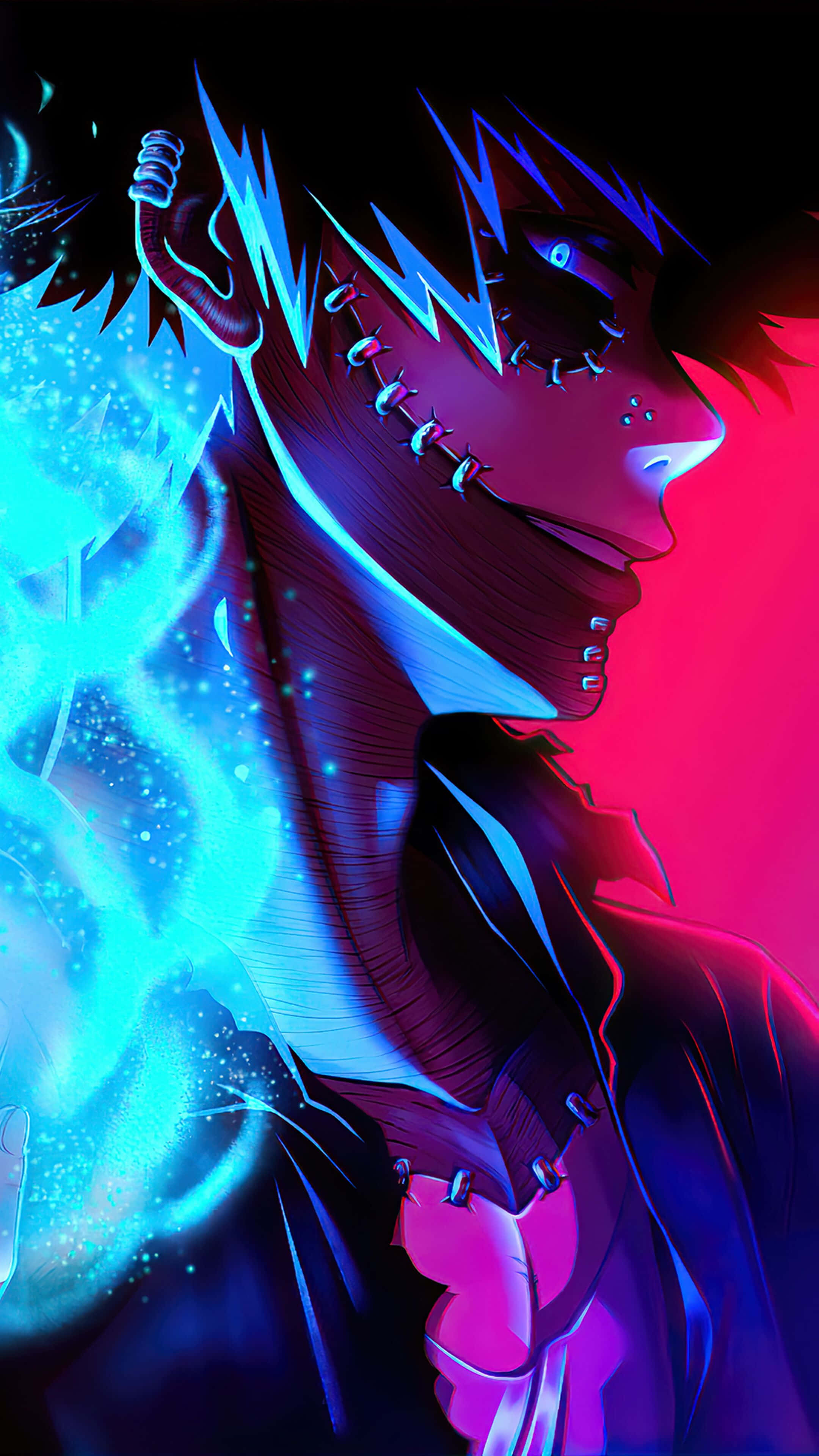 Dabi, glowing blue energy, vibrant red background, 4K Phone Wallpaper
