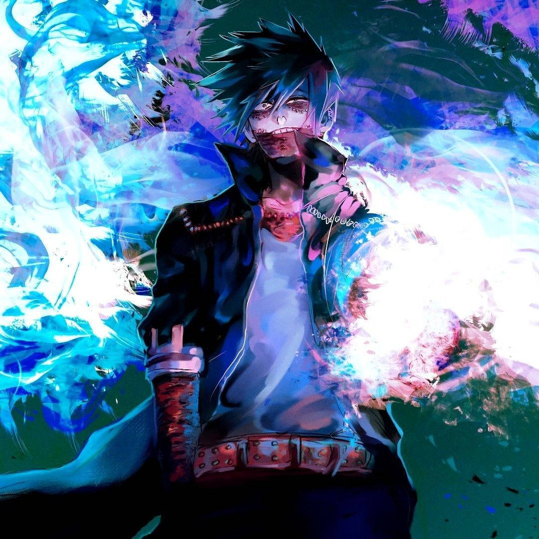 blue hair, blue flames, spiky-haired anime character, SD Desktop Wallpaper