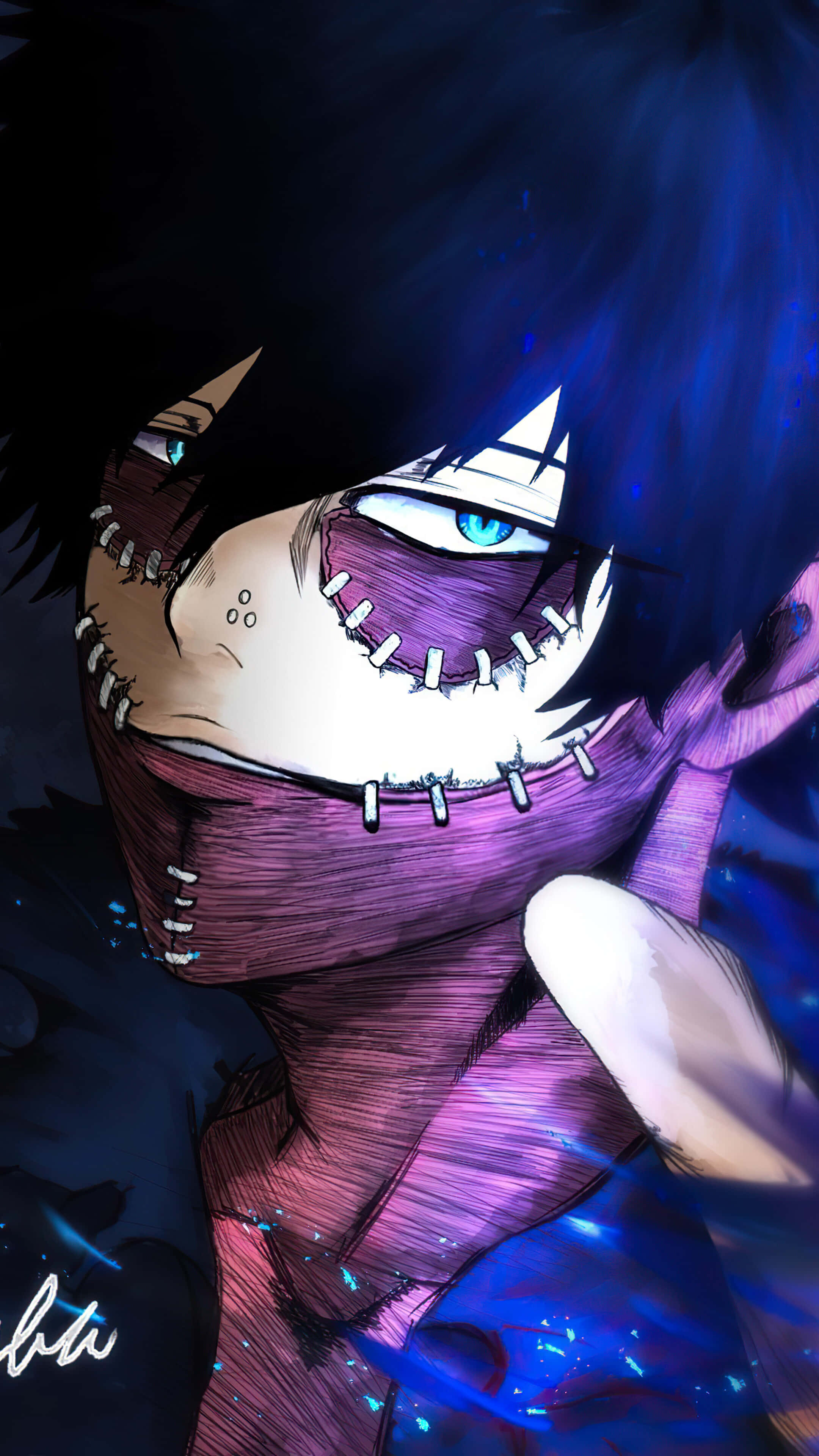 Dabi Phone, stitched mouth, glowing blue eyes, 4K Phone Wallpaper