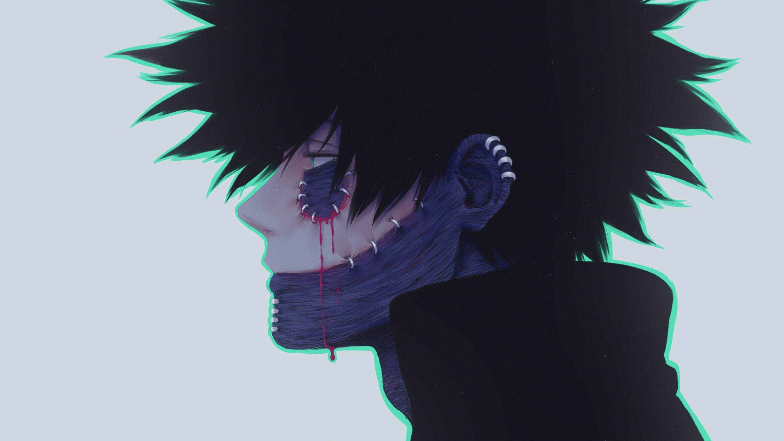 Dabi, spiky black hair, glowing green outline, 2K Desktop Wallpaper