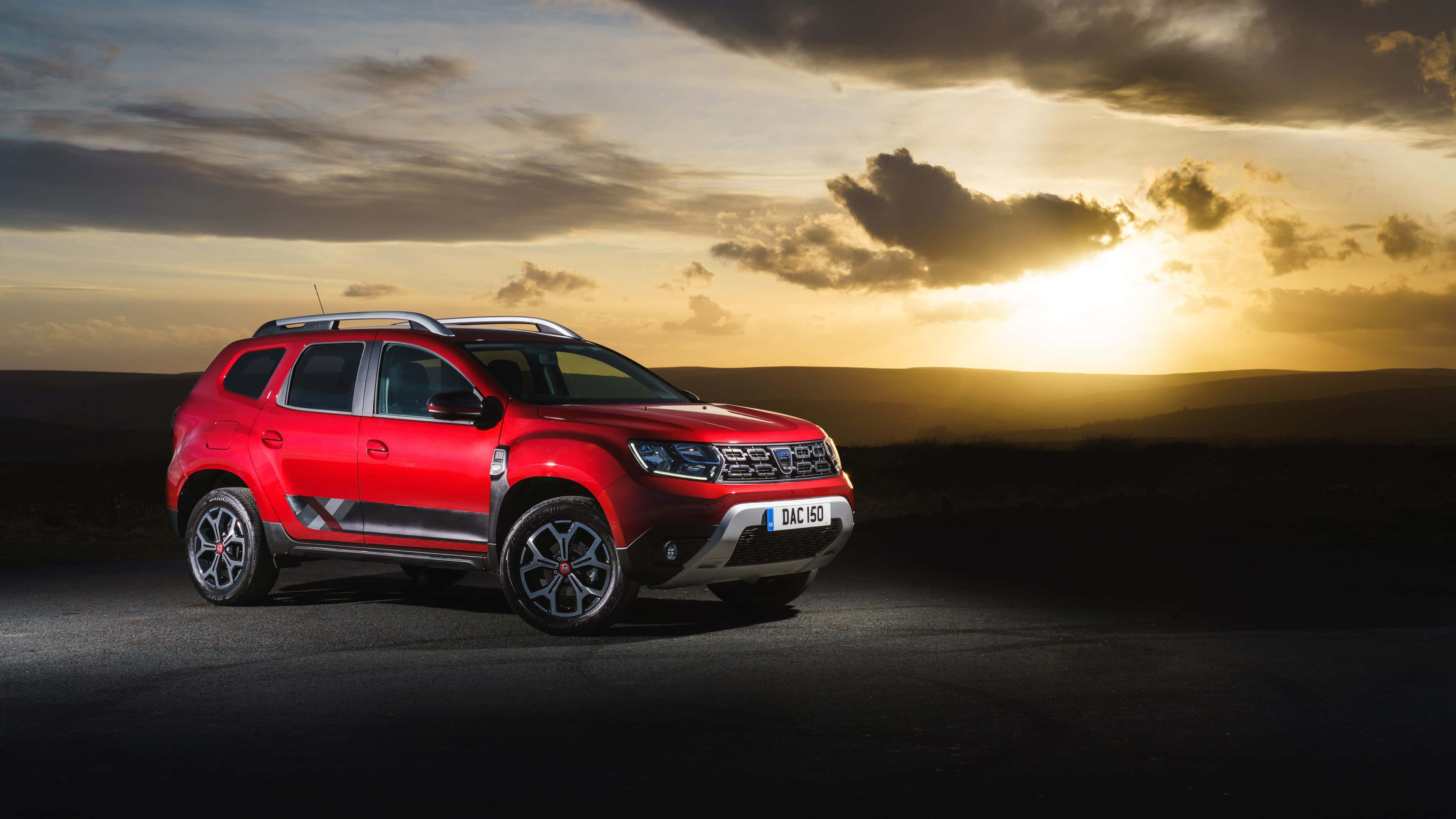 Red Dacia Duster, sunset, dark road, 4K Desktop Wallpaper