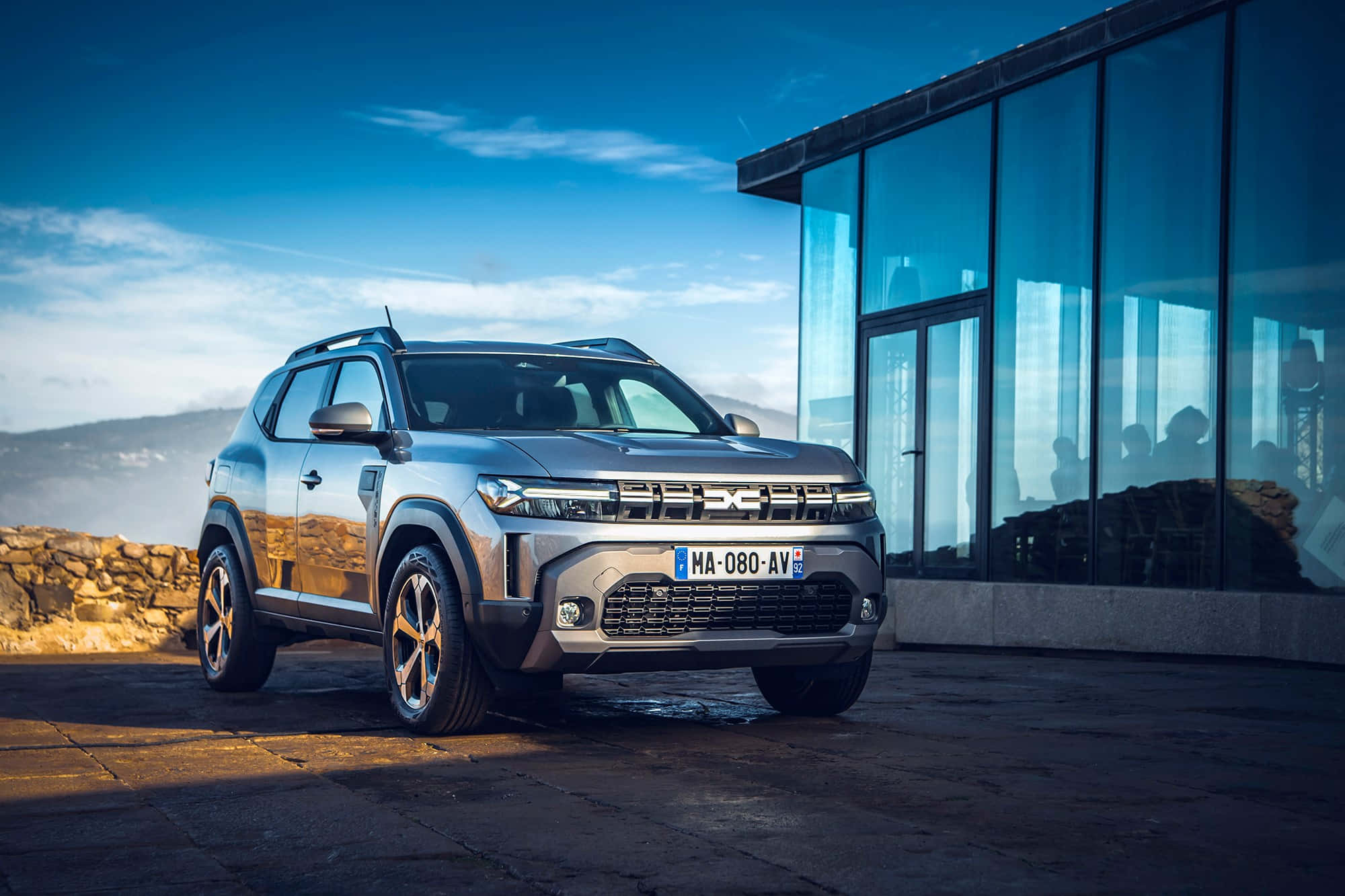 Dacia Duster, silver, stone patio, Full HD Desktop Wallpaper