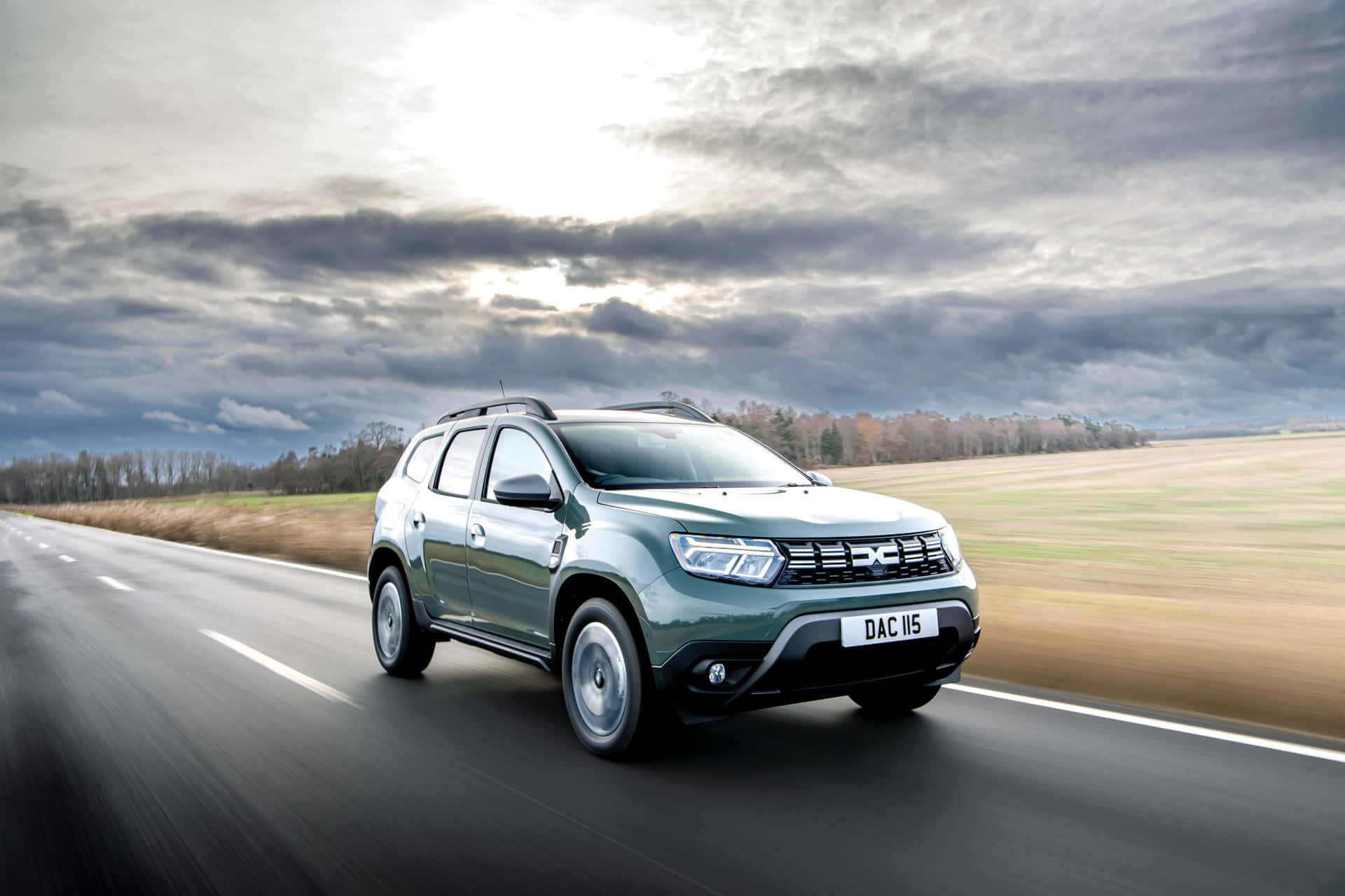 Dacia Duster, green, rural road, Full HD Desktop Wallpaper