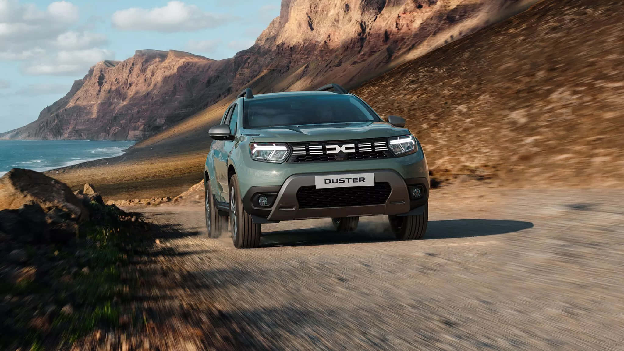 Dacia Duster, green, dusty coastal road, Full HD Desktop Wallpaper